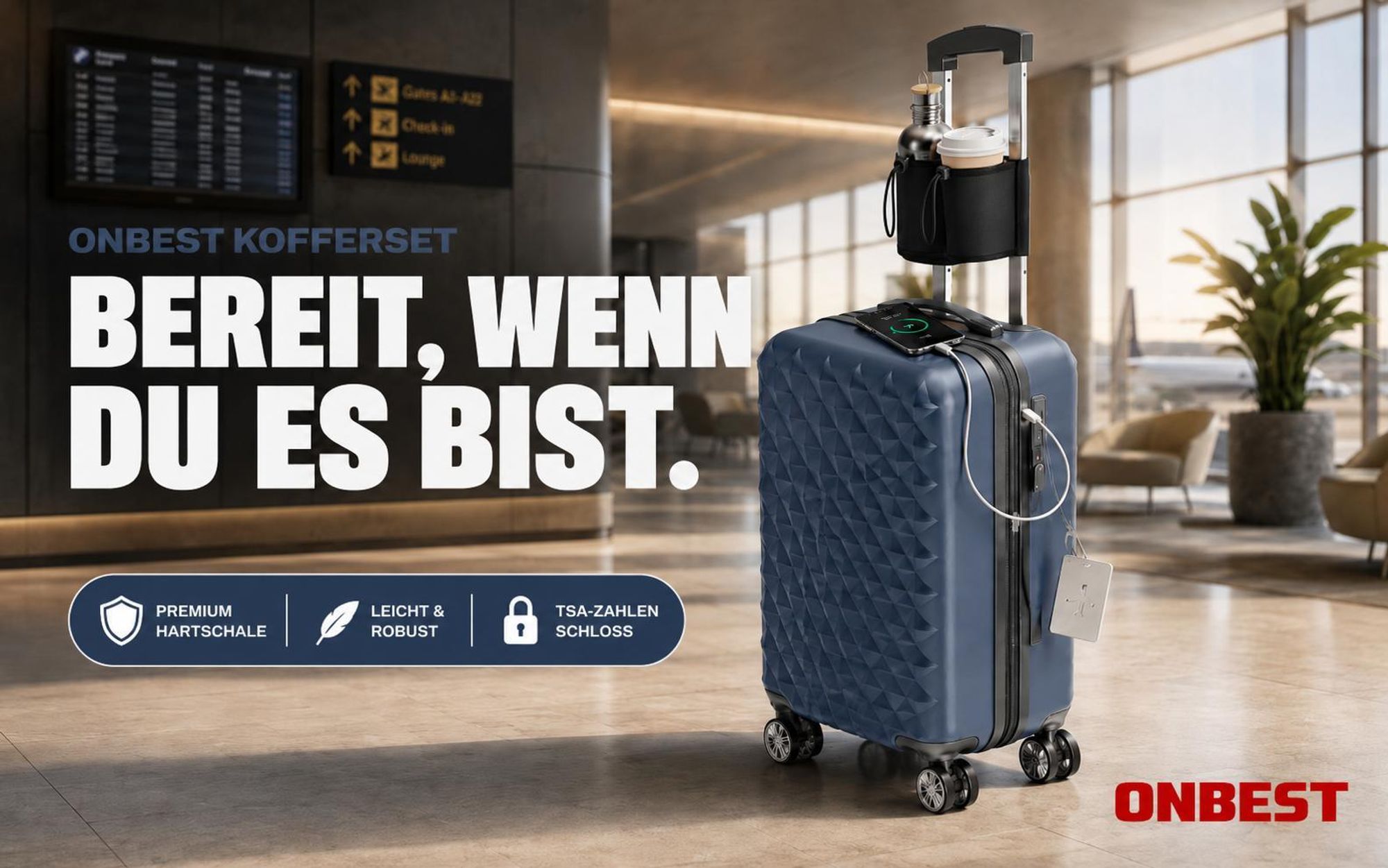 ONBEST Hartschalen Koffer Set | 4-teilig | Blau | mit TSA-Schloss | USB-Anschluss | viel Zubehör | 360° Doppelrollen