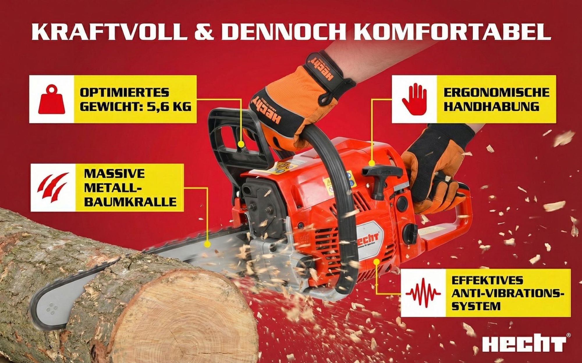 Kettensäge Motorsäge Benzin HECHT 950  | 3 PS / 50 cm³ | 45 cm Schwertlänge | 23 m/s  | 12.000 U/min