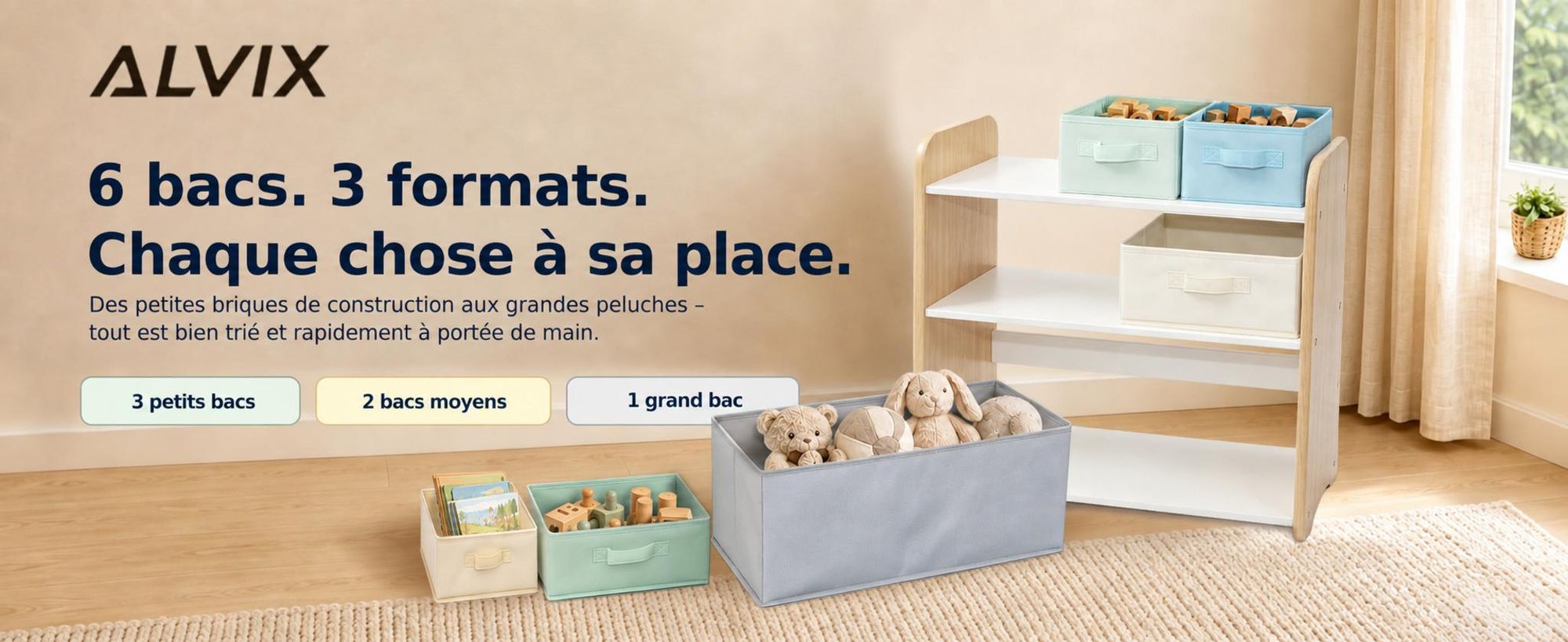 ALVIX Étagère de rangement pour jouets NESTA 6, avec 6 boîtes de rangement amovibles, étagère pour enfants, rangement pour jouets en MDF, étagère de rangement pour chambre d'enfant