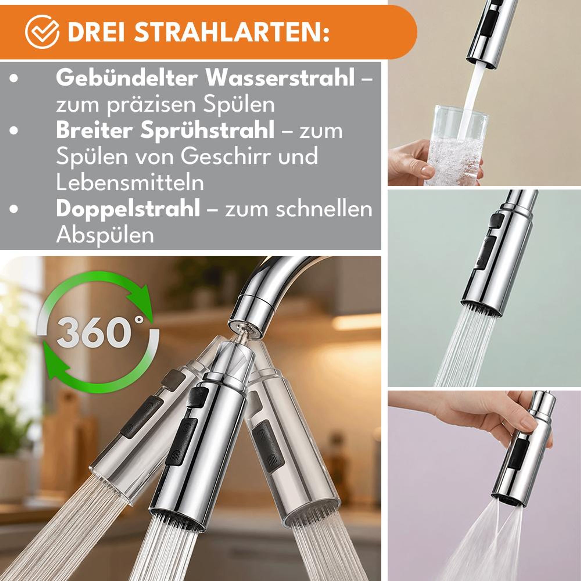KRUMAD Wasserhahn-Aufsatz, 360° drehbar, Perlator mit 3 Wasserstrahlmodi, Wasserhahn Verlängerung, Strahlregler für Küche und Bad
