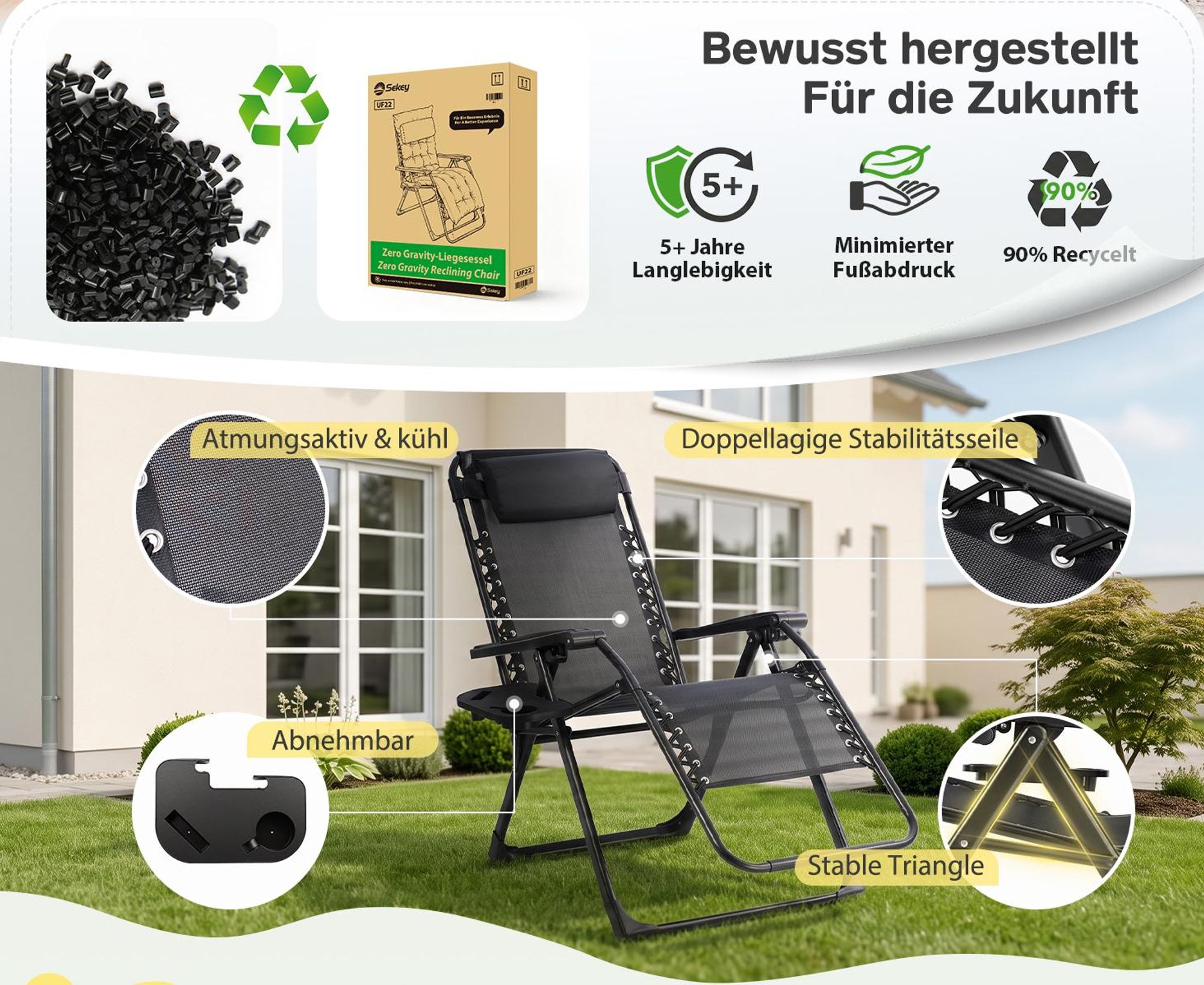 Sekey Liegestuhl Klappbar bis 150 kg Sonnenliege mit Liegestuhlauflage, 3-Stufig Verstellbar Klappstuhl, 64 cm Breit, Grau
