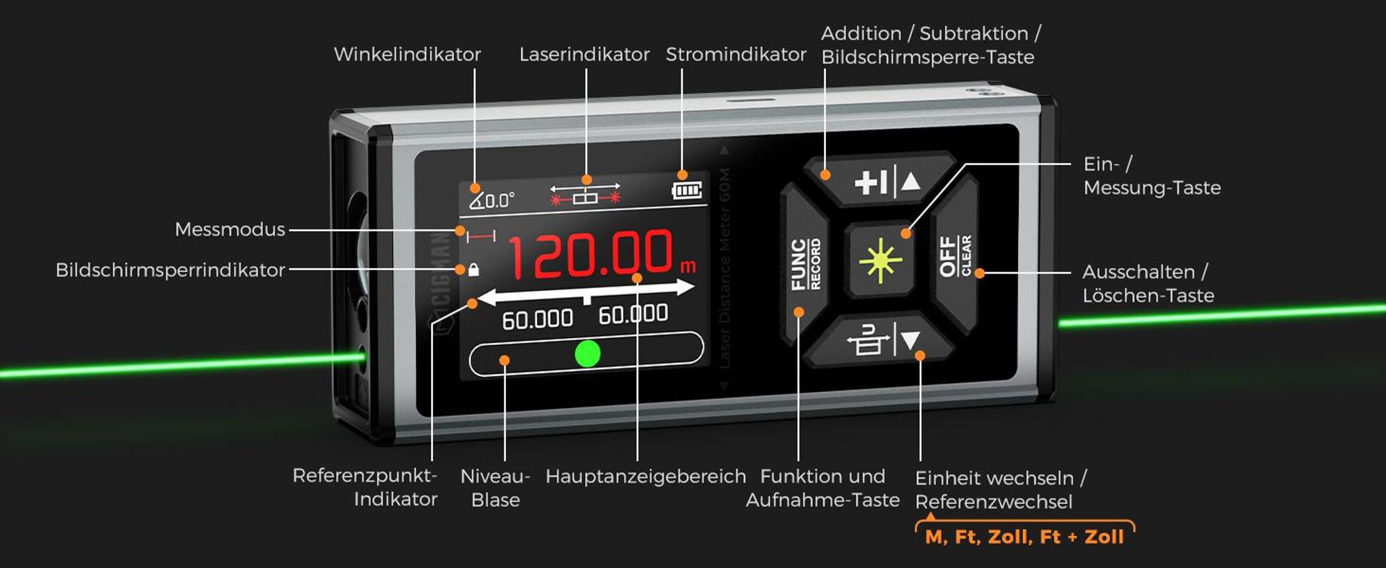 Laser Entfernungsmesser Bilaterales Grün, CIGMAN 120m/390Ft Multifunktionales Lasermessgerät mit LCD-Display, Magnetische Anziehungsfunktion,Winkelsen