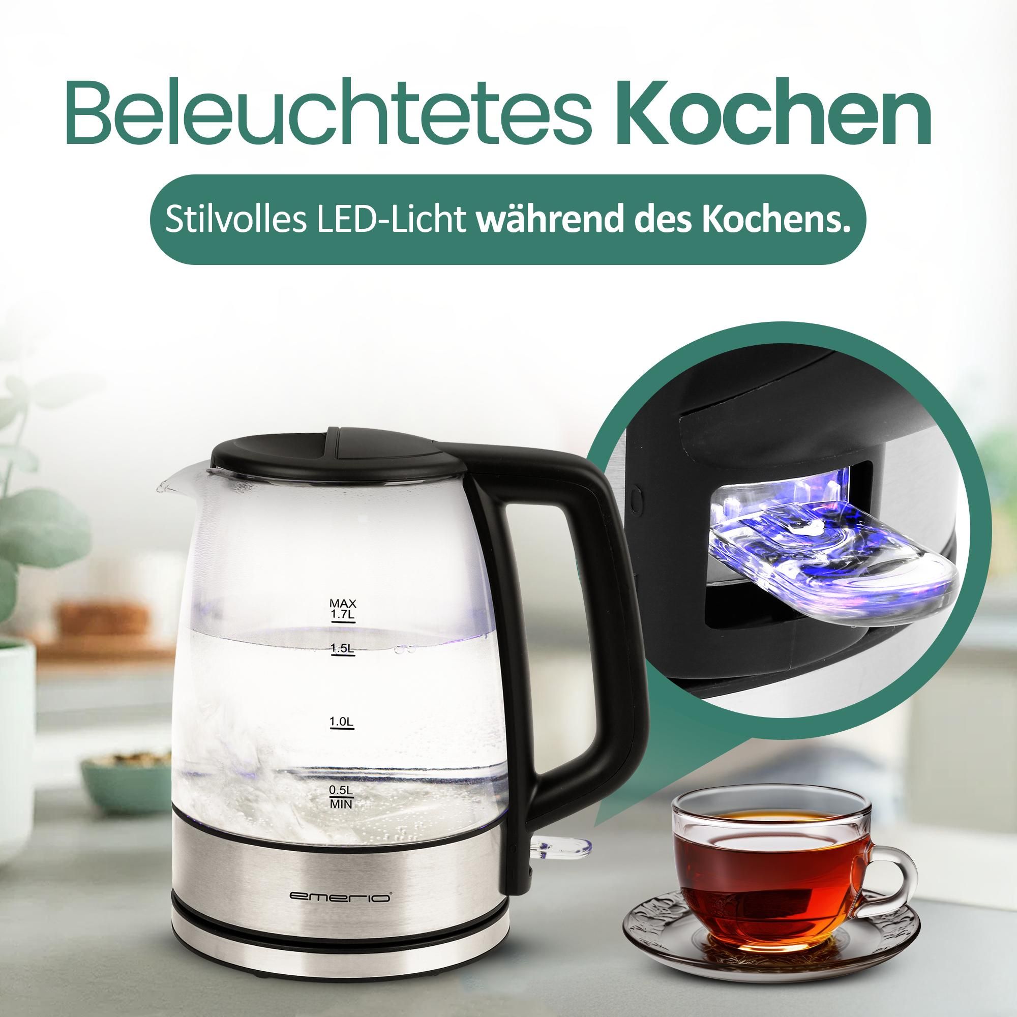Emerio Wasserkocher 1,7 L – LED-Beleuchtung – Überhitzungsschutz – Wasserstandsanzeige – 2200W – WK-130126 Edelstahl / Glas