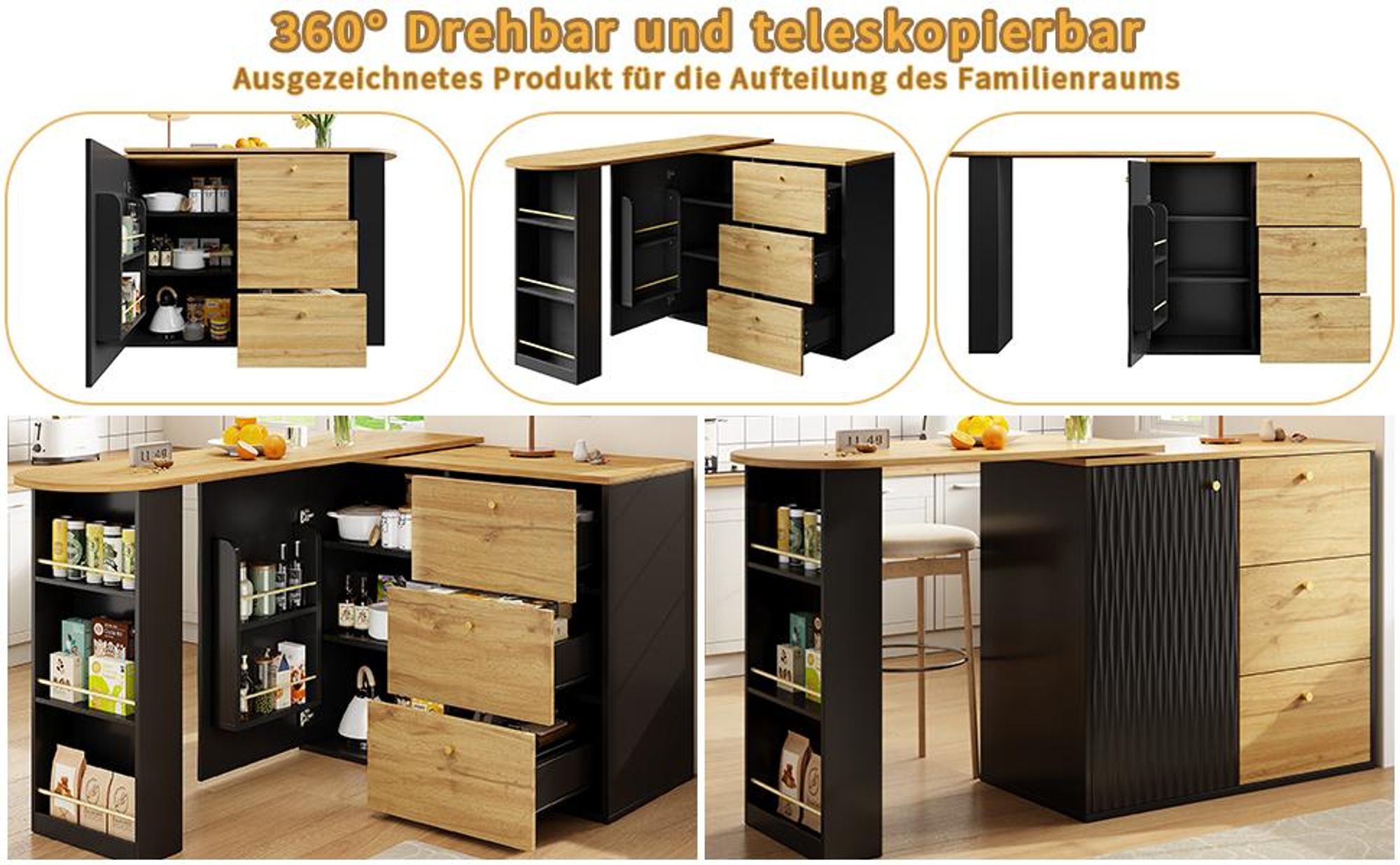 Flieks Stehtisch 360°drehbar, ausziehbarer Bartisch mit Holzmaserung, Essbar 138-204x39x104 cm, Esstisch mit Sideboard, schwarz + Holzfarbe