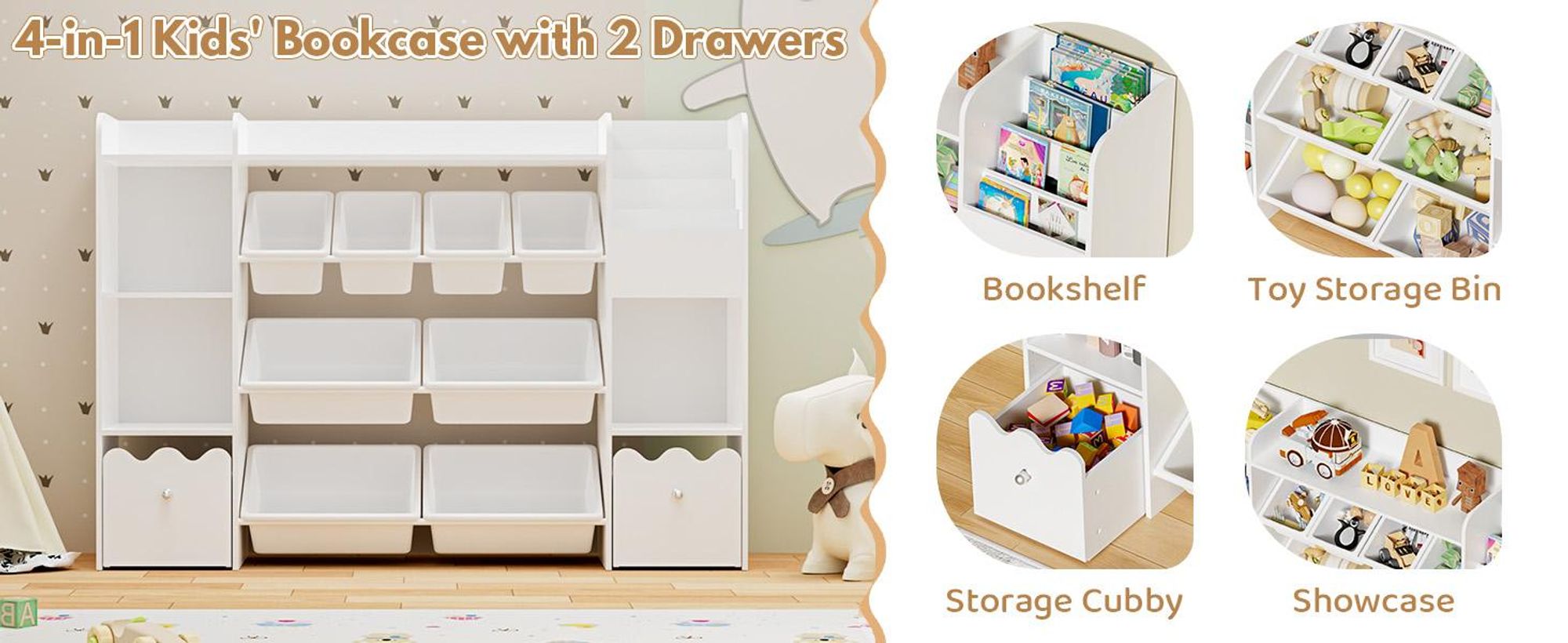 HOMMPA Kinder Bücherregal mit Rädern, 4-Tier Spielzeug-Organizer, 4-in-1 Regal mit Schublade, Aufbewahrung für Kinderzimmer, Kita & Spielraum, Weiß