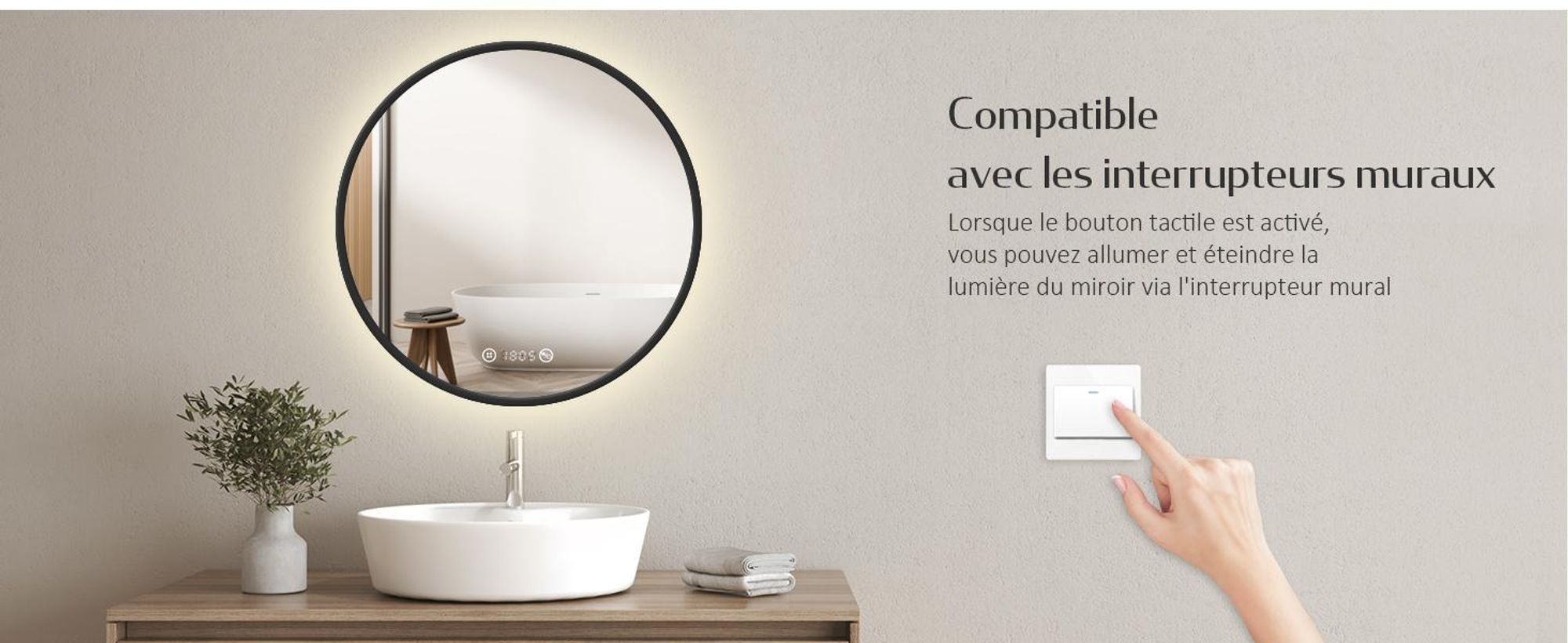EMKE Miroir de salle de bain rond LED avec éclairage ф80cm Miroir de salle de bain noir rond avec antibuée, horloge, température, variateur, fonction mémoire - Lumières neutres 4300K