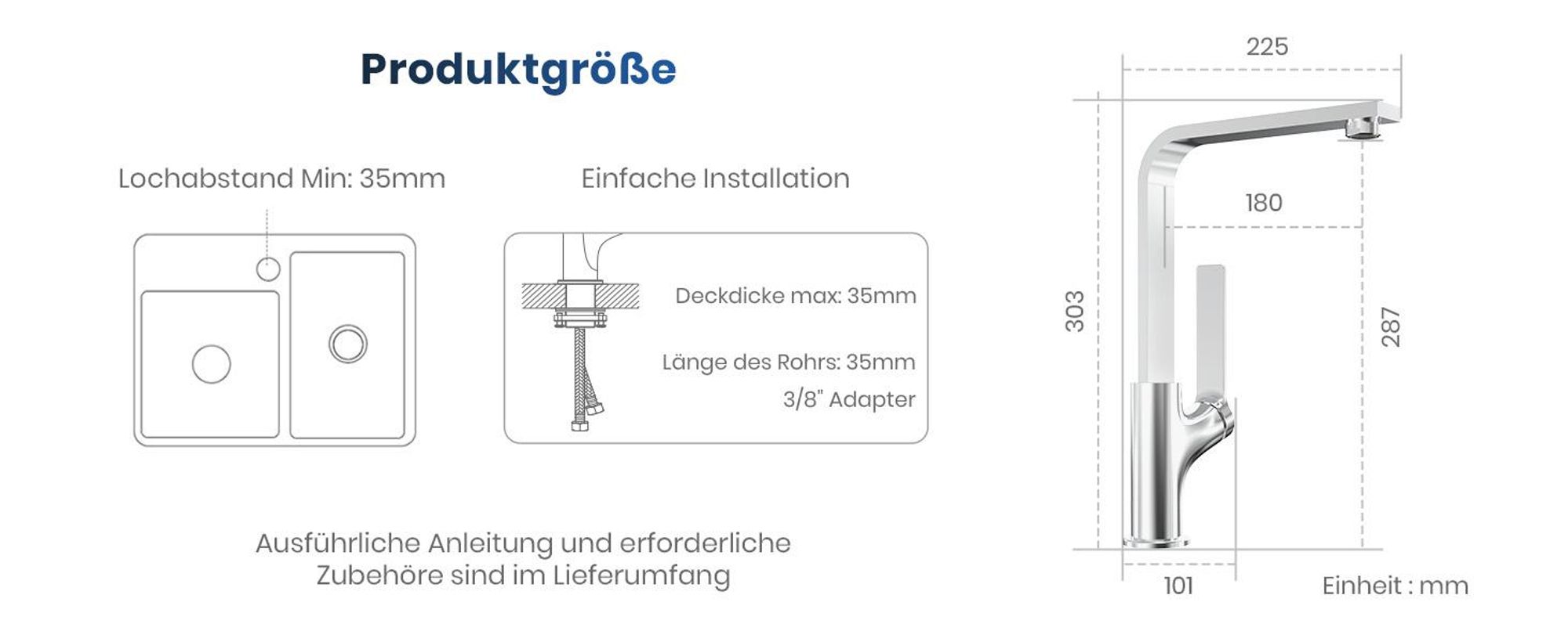 EMKE Küchenarmatur Spültischarmatur Einhebelmischer Spüle 360° schwenkbar Wasserhahn Küche mit flachem Auslauf, Messing Chrom