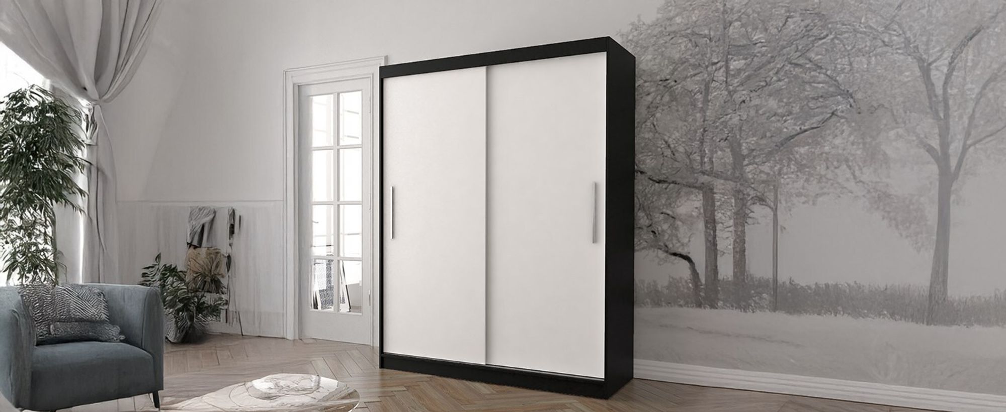 Schwebetürenschrank Kleiderschrank Schrank Garderobe Vista 04 (Schwarz/Weiß) 150cm