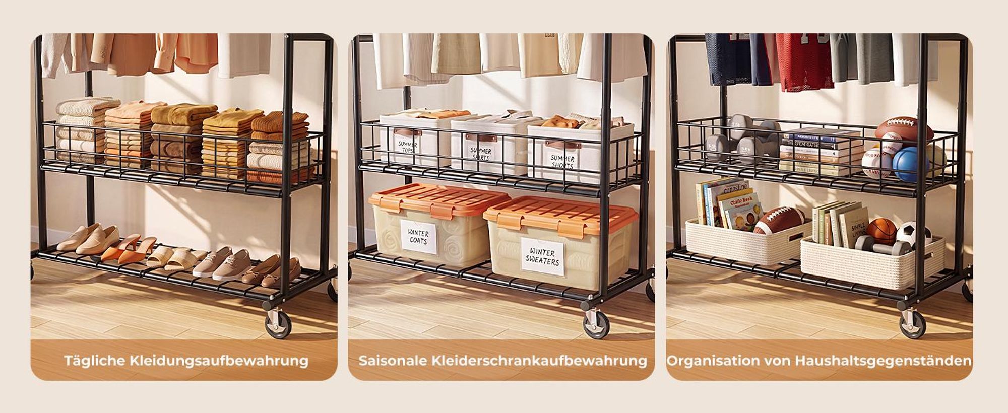 HOKEEPER Schwerlast Kleiderständer auf Rollen, Doppelter Kleiderstange,bis 283 kg belastbar (D004K)
