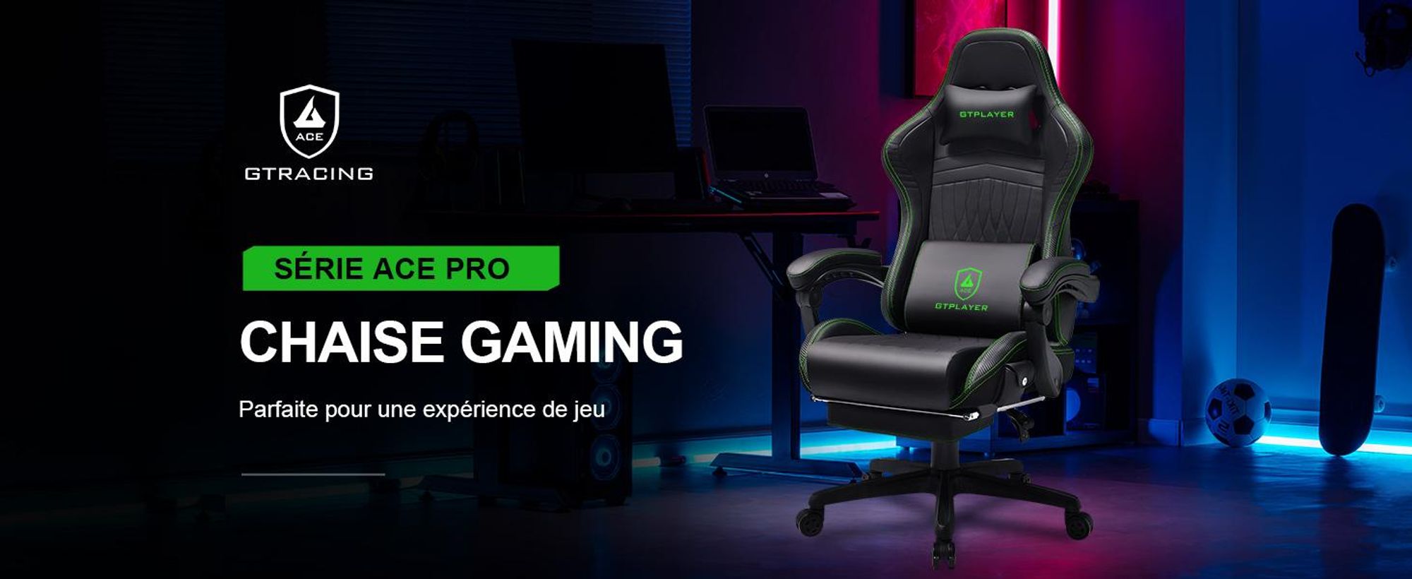 GTPLAYER Chaise de jeu ACE PRO, Chaise de bureau ergonomique Accoudoirs inclinables Avec repose-pieds, Haut-parleur Hi-Fi, Atmosphère sonore impressionnante, Vert