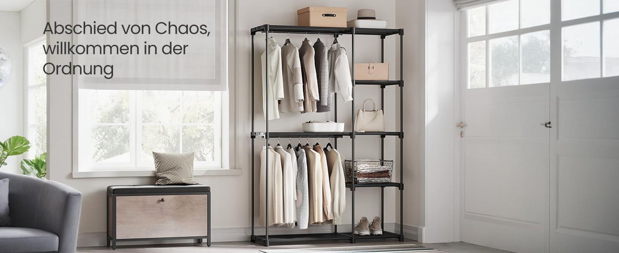 SONGMICS Kleiderschrank offen, freistehende Garderobe, Standregal, Kleiderständer mit Kleiderstangen, Garderobenständer, Ankleidezimmer, Schlafzimmer