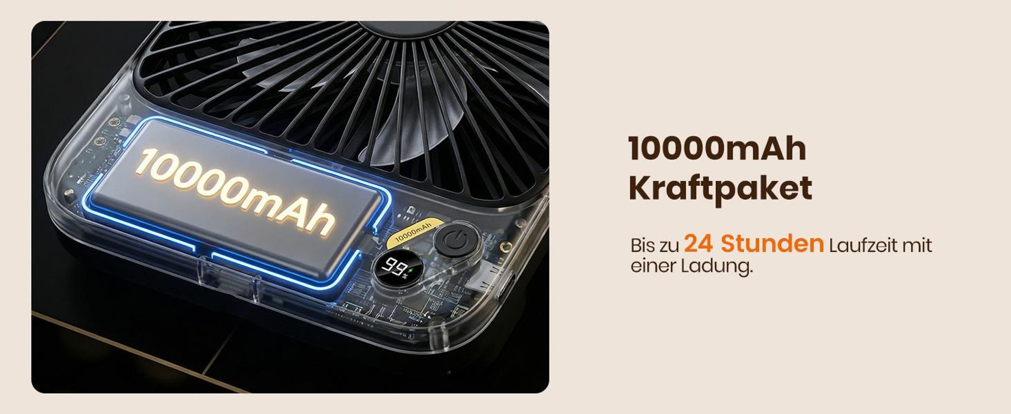 Warmco D3 Akku Ventilator 10000mAh, Tischventilator Leise, 10–24Std. USB-C, LED-Anzeige, Ultraflacher 4-Stufen Ventilator Für Büro, Schlafzimmer, Camp