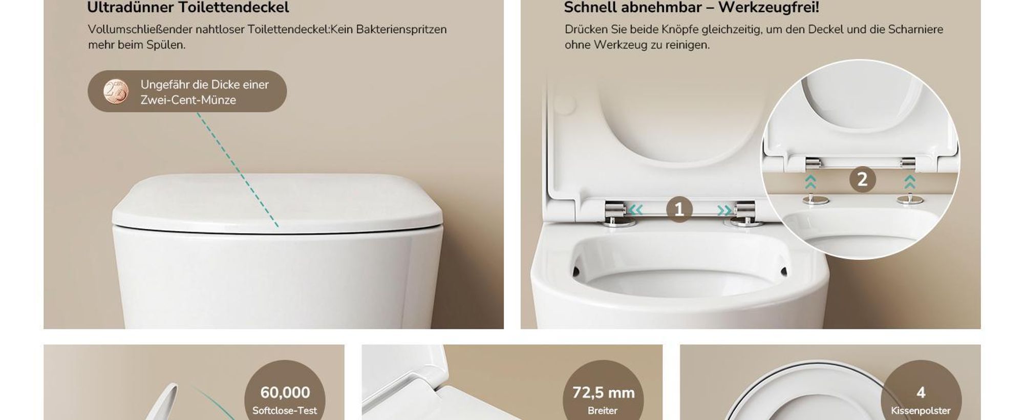 EMKE Hänge-WC Keramik Doppel-Loch-Gegenspülung Wassersparend Wandmontage Toilette mit Direktspülung Soft-Close Deckel geräuscharm Glänzendweiß