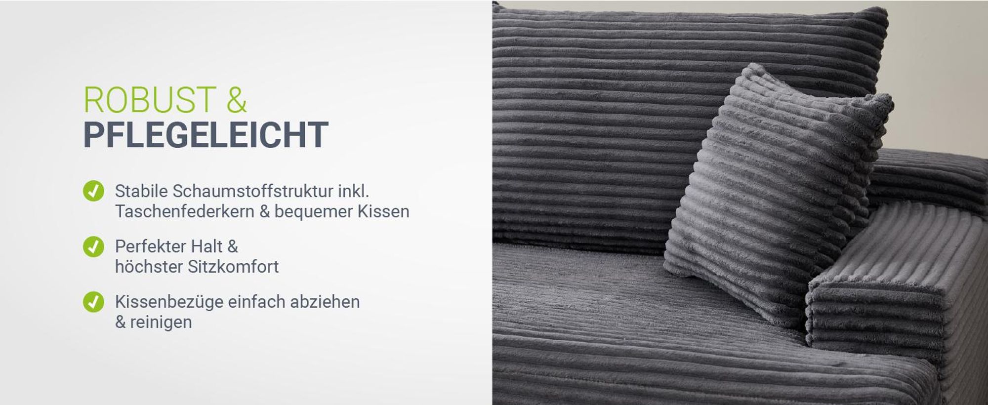 Juskys Sofa Coredo - Dunkelgrau, moderne Couch aus Cord mit Kissen, Ottomane links