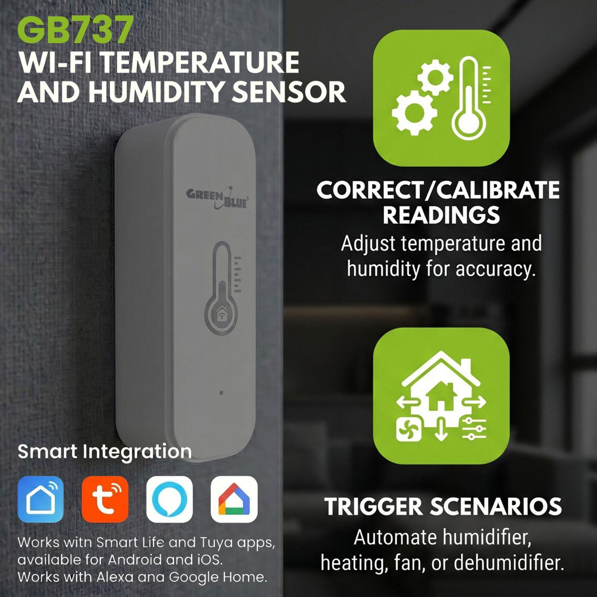 2xGreenBlue WLAN-Temperatur- und Feuchtigkeitssensor Android/iOS/Alexa/Google Home 3,0 V DC LR03x2 GB737+ 4x Varta Industrial 4003 AAA-Alkalibatterien