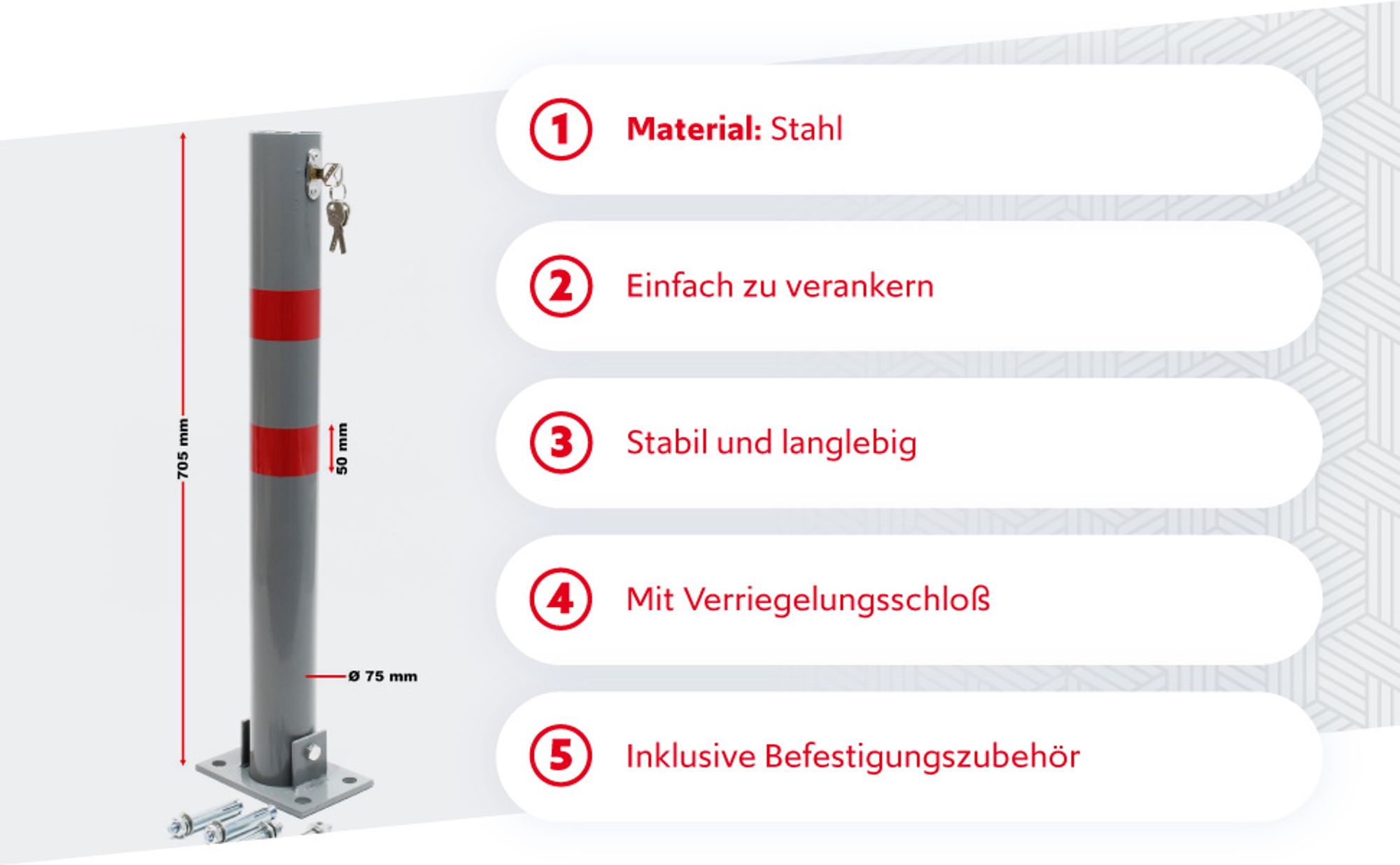 Wiltec Parkpfosten 705 x 75 mm, Parkplatzsperre klappbar rund, Absperrpfosten aus Stahl, Parkpfosten, Poller
