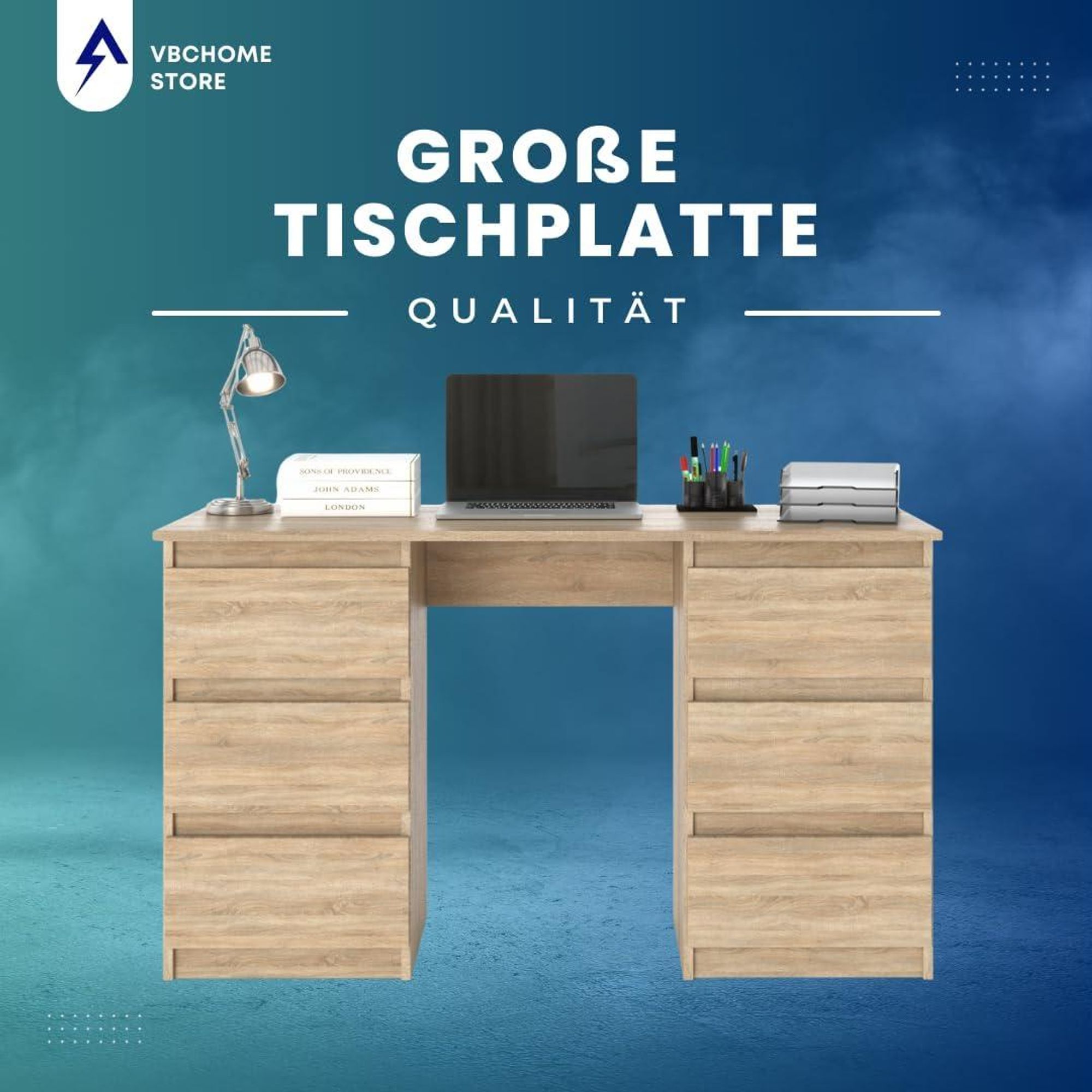 VBChome Schreibtisch 120x50x75 cm Eiche Sonoma Bürotisch mit 6 Schubladen Computertisch PC-Tisch Arbeitstisch Laptoptisch Home Office Schreibtisch