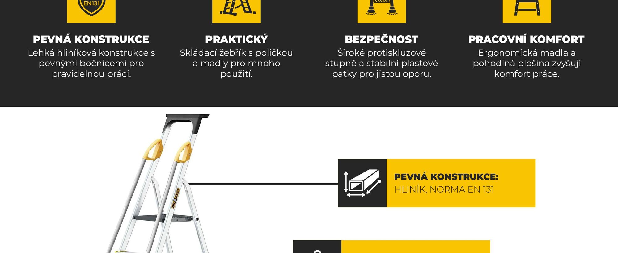 Drabest | Žebřík - 8 stupňů, nosnost 150 kg - žebřík s madly, hliníkový žebřík, protiskluzové nohy, žebřík, skládací žebřík