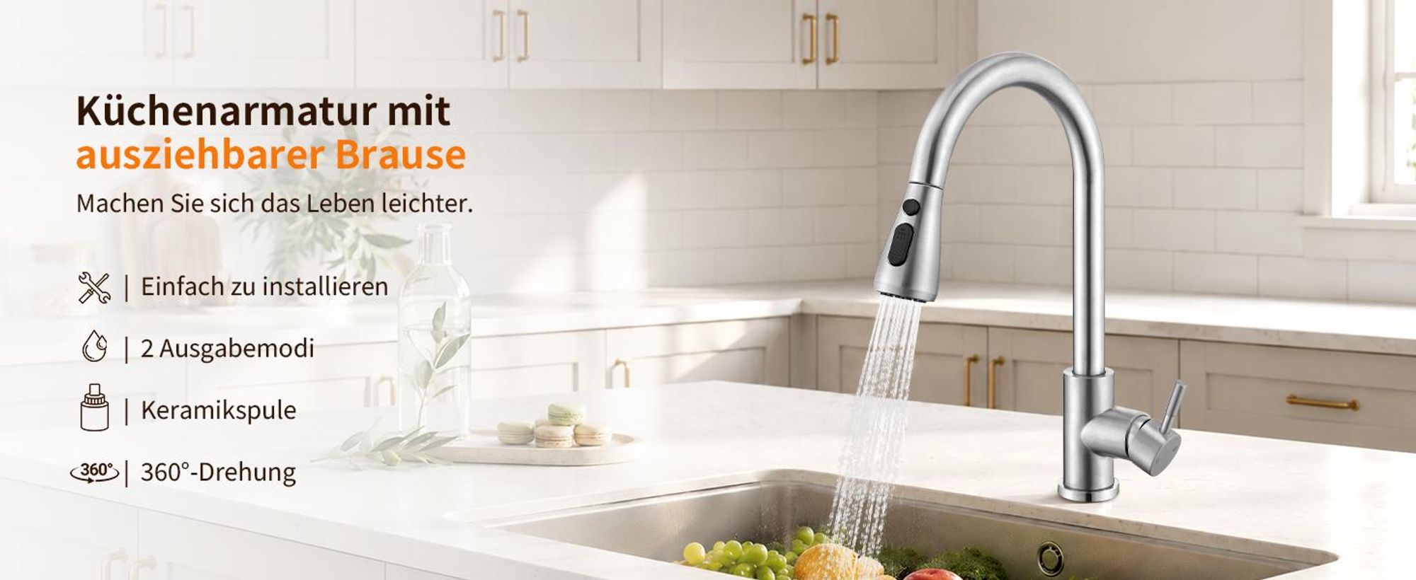 Homelody Wasserhahn Küche Edelstahl,Küchenarmatur 360°Schwenkbar,Armatur Küche 3 Strahlarten Geschirrbrause,Hochdruck Mischbatterie Küche mit Brause