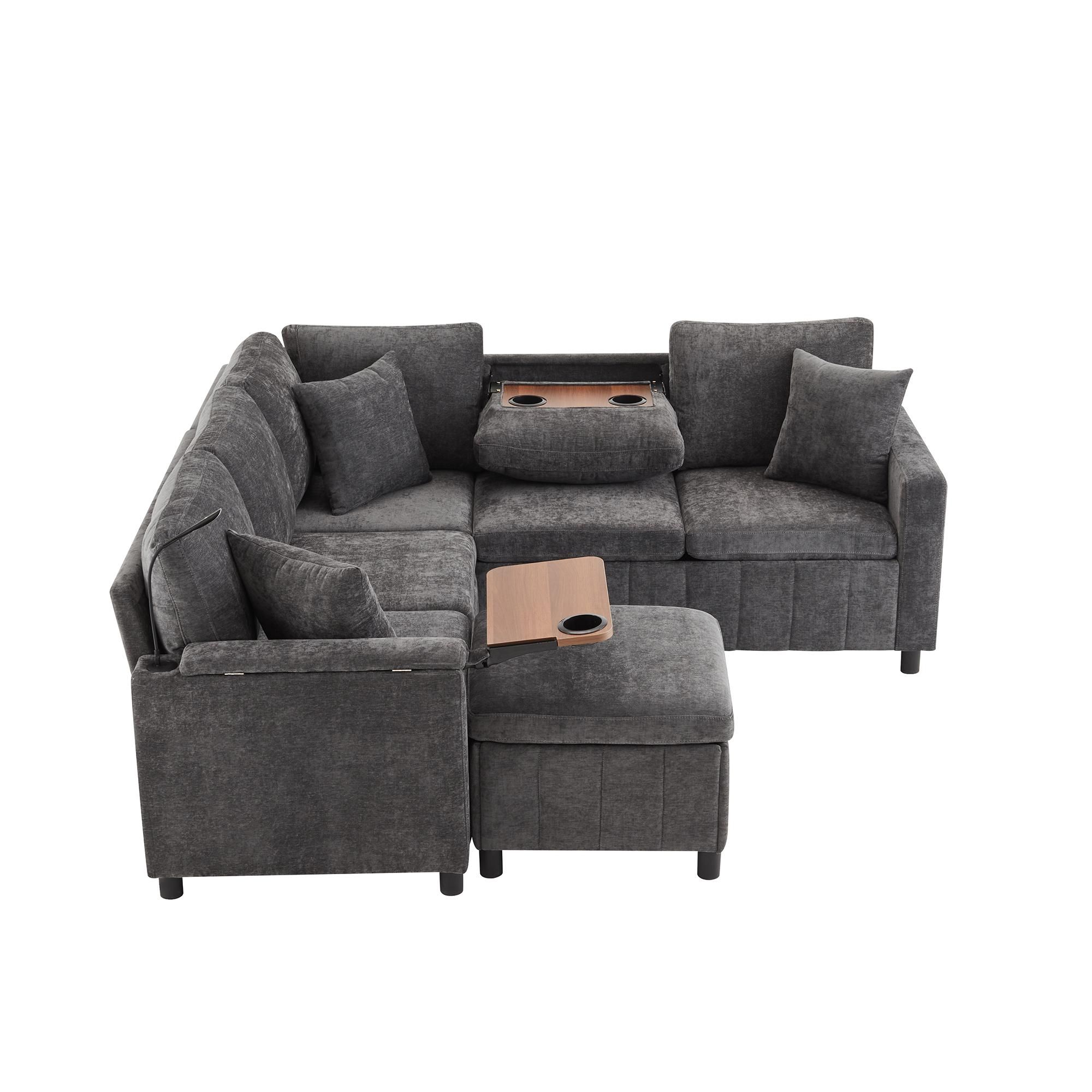 Flieks Ecksofa mit Leselicht und USB-Anschlüssen, Ausziehsofa mit verstecktem Tisch, Getränkehaltern und Hocker, 205×205×85CM, Grau, Chenille