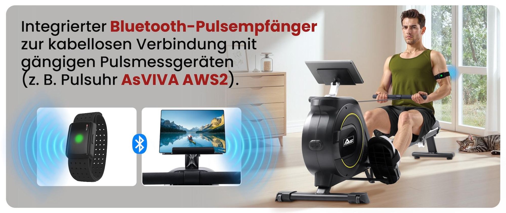 AsVIVA RA11 Rudergerät Heimtrainer, Generatorbetrieb ohne Stromanschluss, Bluetooth-App & Pulsmessung, 6,5 % Schienenneigung, platzsparend, bis 135 kg