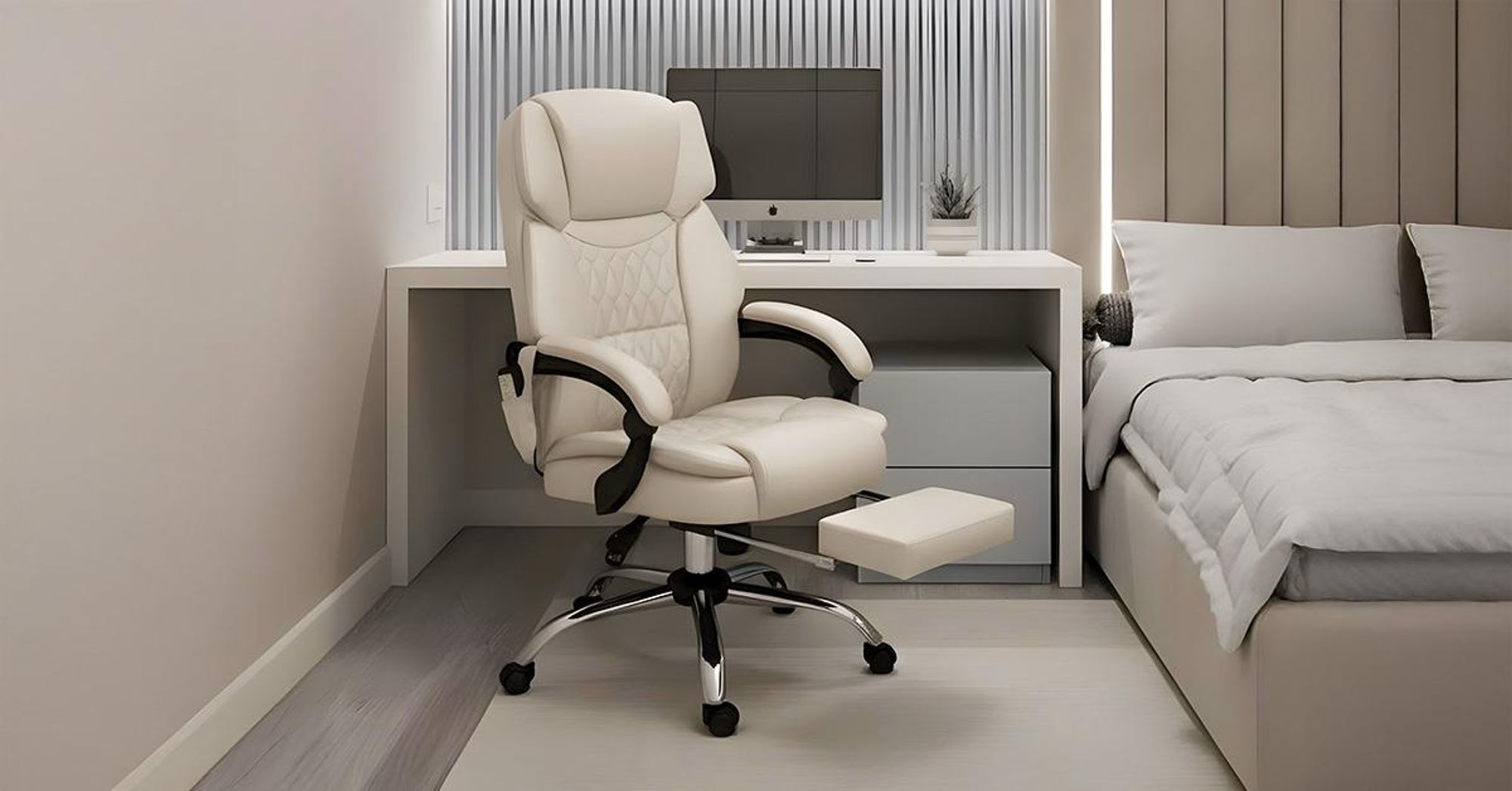Mark Adler Boss 6.0 | fotel biurowy z masażem ergonomiczny fotel gabinetowy | funkcja masażu | podnóżek | funkcja podgrzewania | obrotowy | imitacja skóry  | beżowy