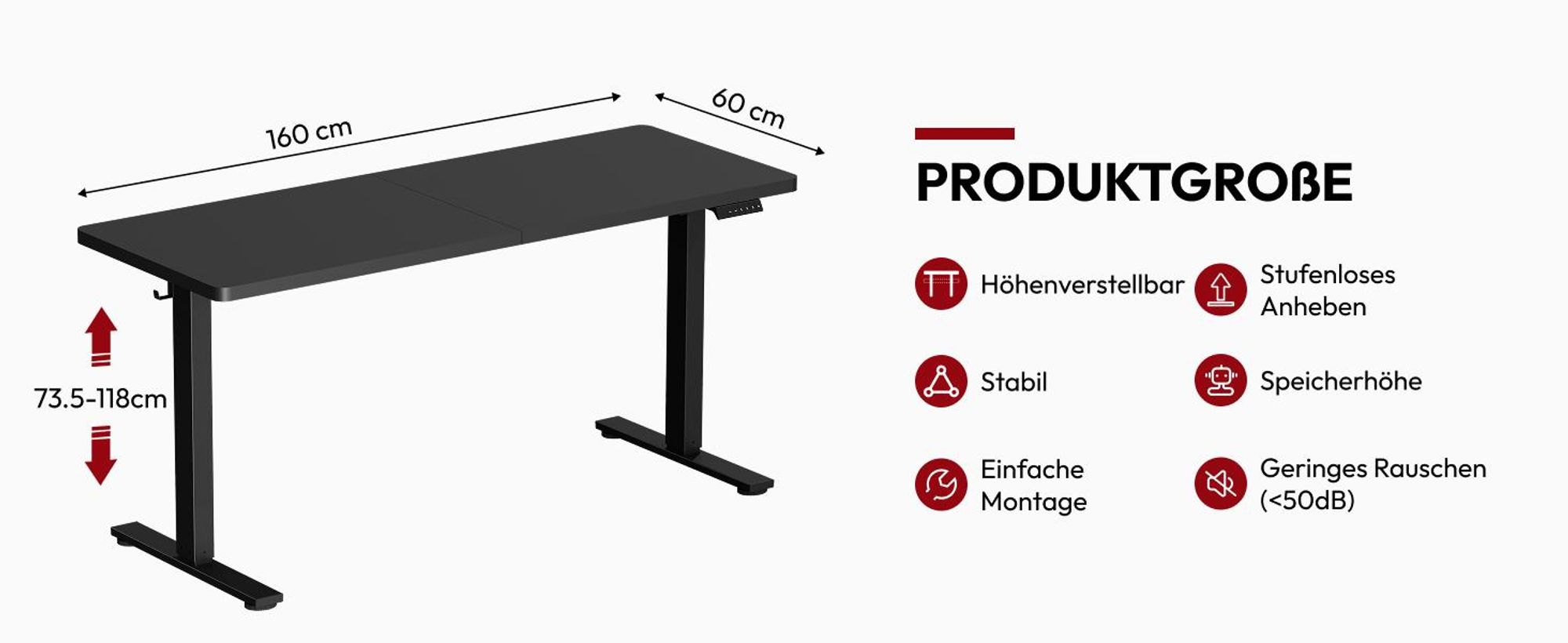 SANODESK Höhenverstellbarer Schreibtisch 160x60cm elektrisch 4 Memory-Funktion, Antikollisionsschutz, 70kg Tragkraft, mit Haken und Ablagebox(Schwarz)