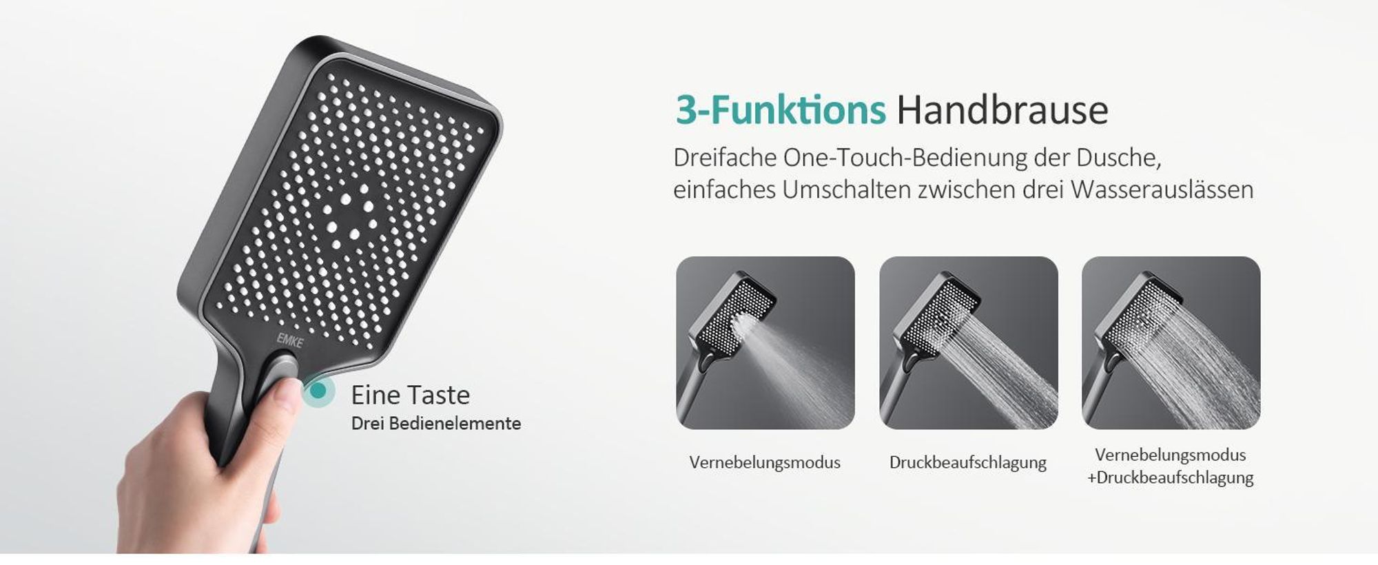 EMKE Duschsystem mit Thermostat, Edelstahl-Duschset mit 3-Funktionen Handbrause, Bad- & Duscharmaturen, KTW-, Grau- F08