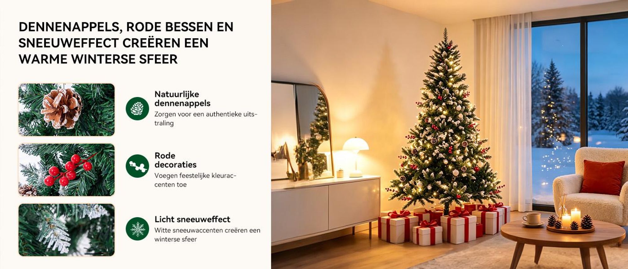 Licht sneeuweffect, dennenappels en rode bessen voor een winterse bossfeer