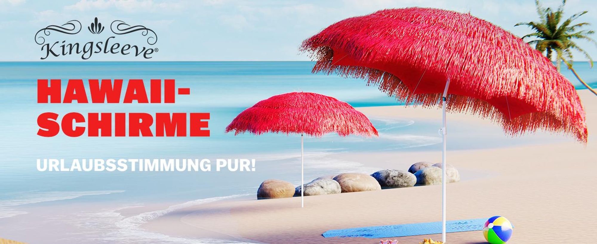 KINGSLEEVE® Sonnenschirm Hawaii Ø160cm Neigbar Höhenverstellbar UV Schutz 30+ Groß Rund Balkon Strand Strohschirm Strandschirm Bast Hawaiischirm Rot