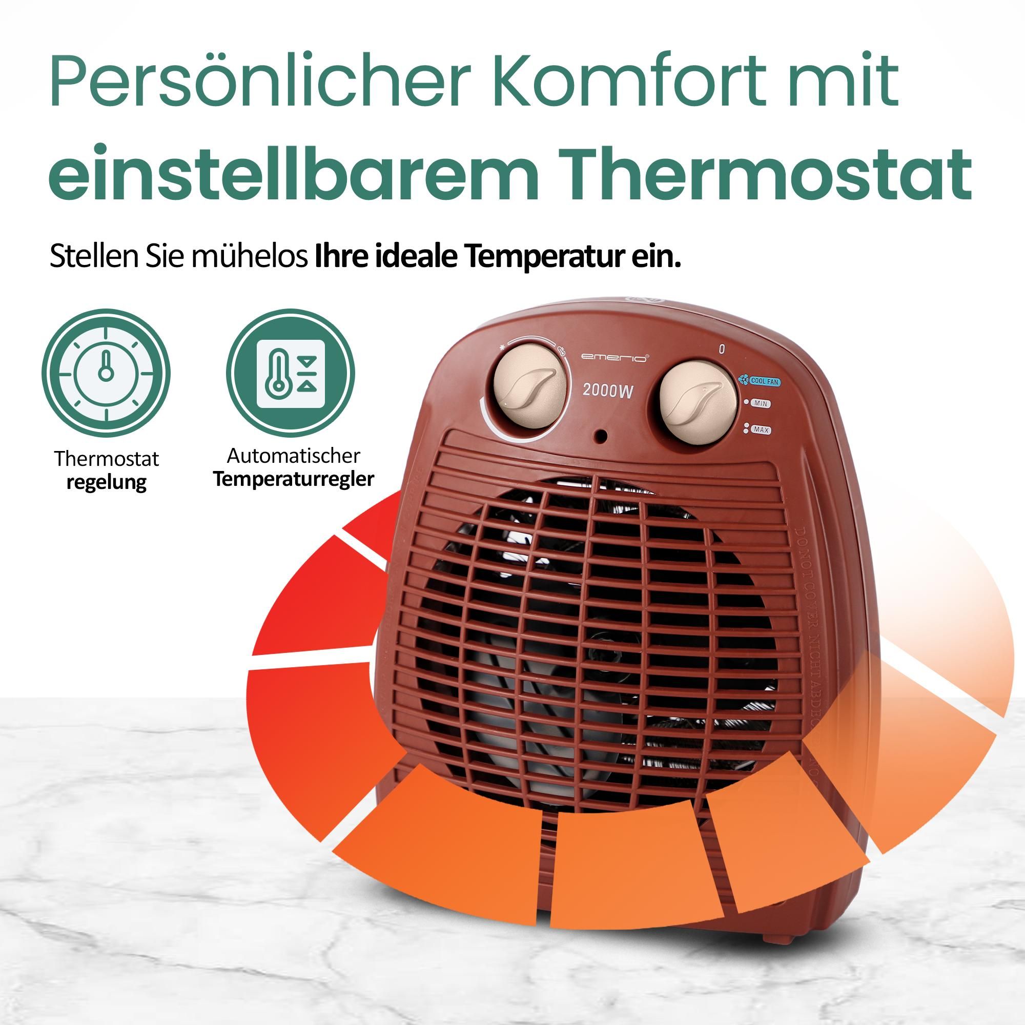 Emerio Heizlüfter FH-106737.13 – 25 m² – 2 Heizstufen – Ventilationsfunktion – einstellbarer Thermostat – Kontrollleuchte – Kippschutz – Rot