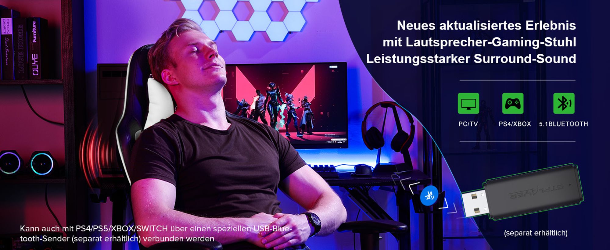 GTPLAYER Gaming Stuhl mit Lautsprecher Bürostuhl Schreibtischstuhl Serie Musik Audio Gamer Stuhl Drehstuhl Ergonomisches PC Stuhl Multi-Funktion weiß
