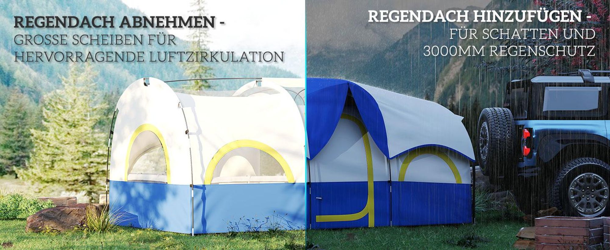 Outsunny Tunnelzelt Wetterfest Campingzelt für 4 Personen mit 3 Raum Meshfenster