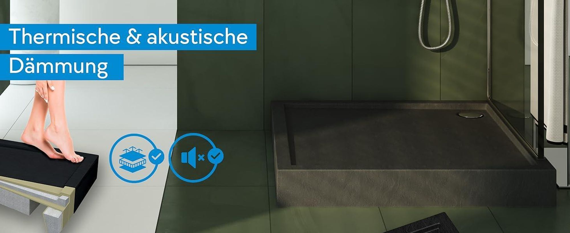 AQUABAD® Duschwanne Komplettset Ultima LeakProtect® Black Stone 80x80cm Quadrat mit Ablaufgarnitur Alcadrain A49CR