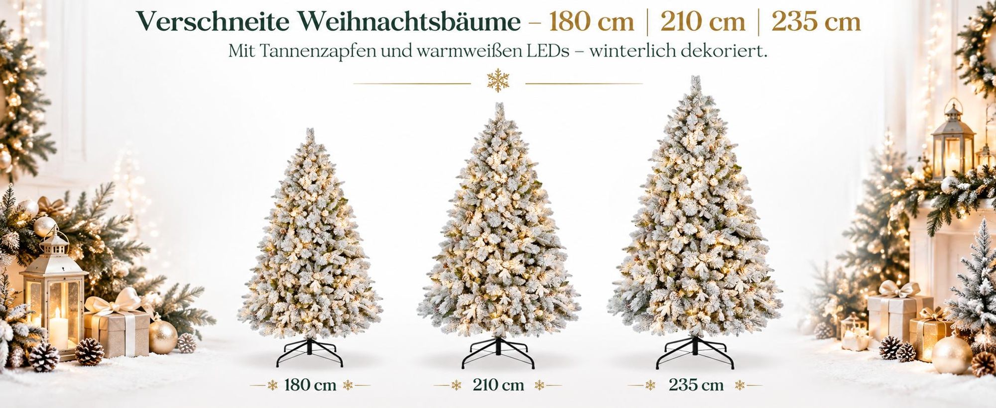 Künstlicher Weihnachtsbaum 235 cm mit 500 warmweißen LEDs, Schneebedeckter Tannenbaum mit 86 Zapfen, PE/PVC Mix, Metallständer
