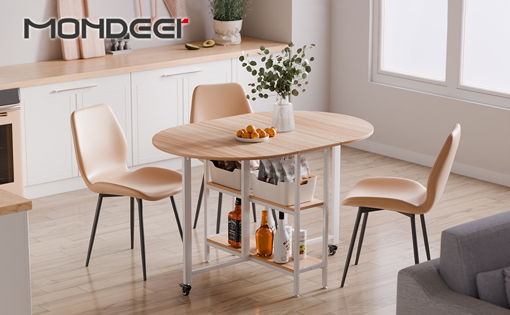 Mondeer Klappbarer Esstisch Küchentisch mit 2 Ablagen und Rollen 120 x 80 x 75 cm Eiche und Weiß