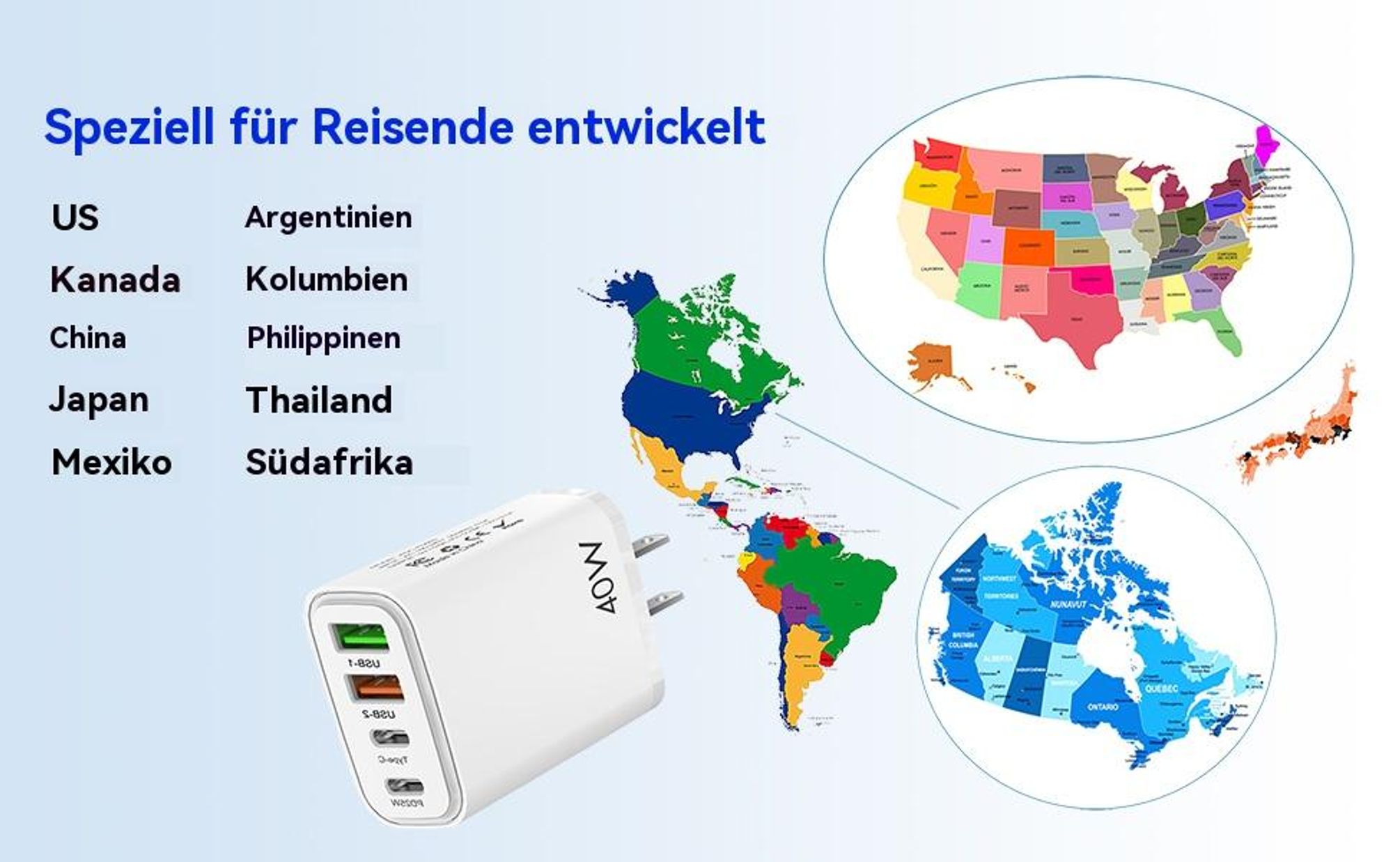 Reiseadapter USA Typ B, Steckdosenadapter für USA Kanada China Japan, Reisestecker mit 2 USB-C (Schnellladung) & 2 USB-A, USA Stecker Ladegerät