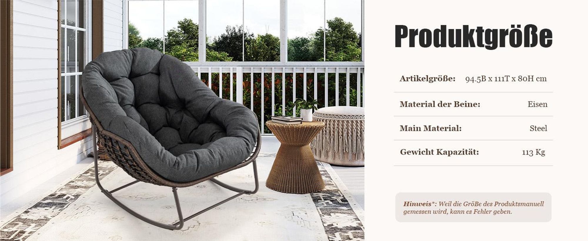 LVHOM Schaukelsessel Garten mit gepolstertem Kissen, Rattanstuhl mit Stahlrahmen, Schaukelstuhl Outdoor Loungesessel, Sessel für Balkon, Dunkelgrau