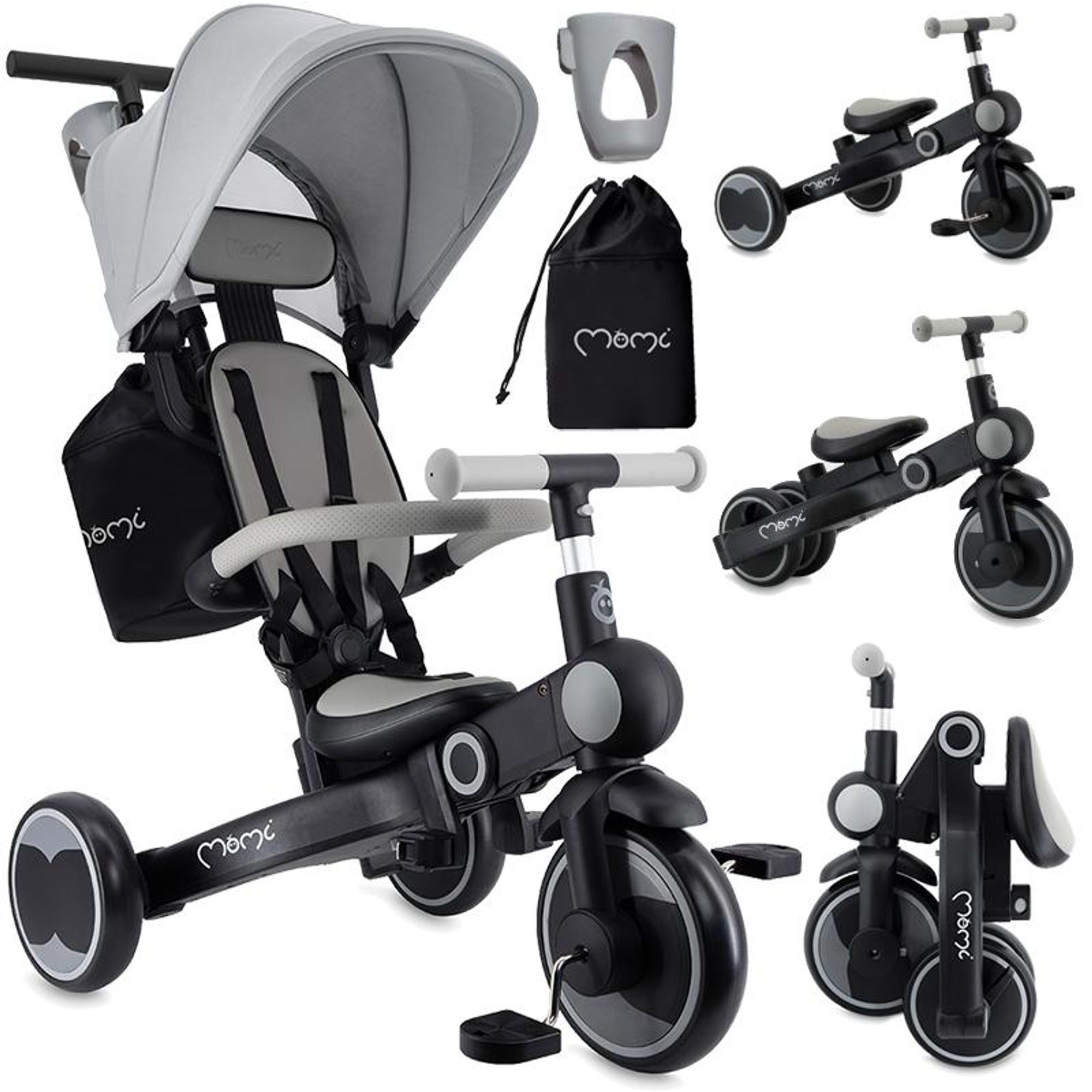 MoMi SOLIVIA – 4-in-1 Dreirad & Laufrad ab 12 Monaten, verstellbar, klappbar, mit Sicherheitsgurt, inkl. Tasche & Getränkehalter – Grau