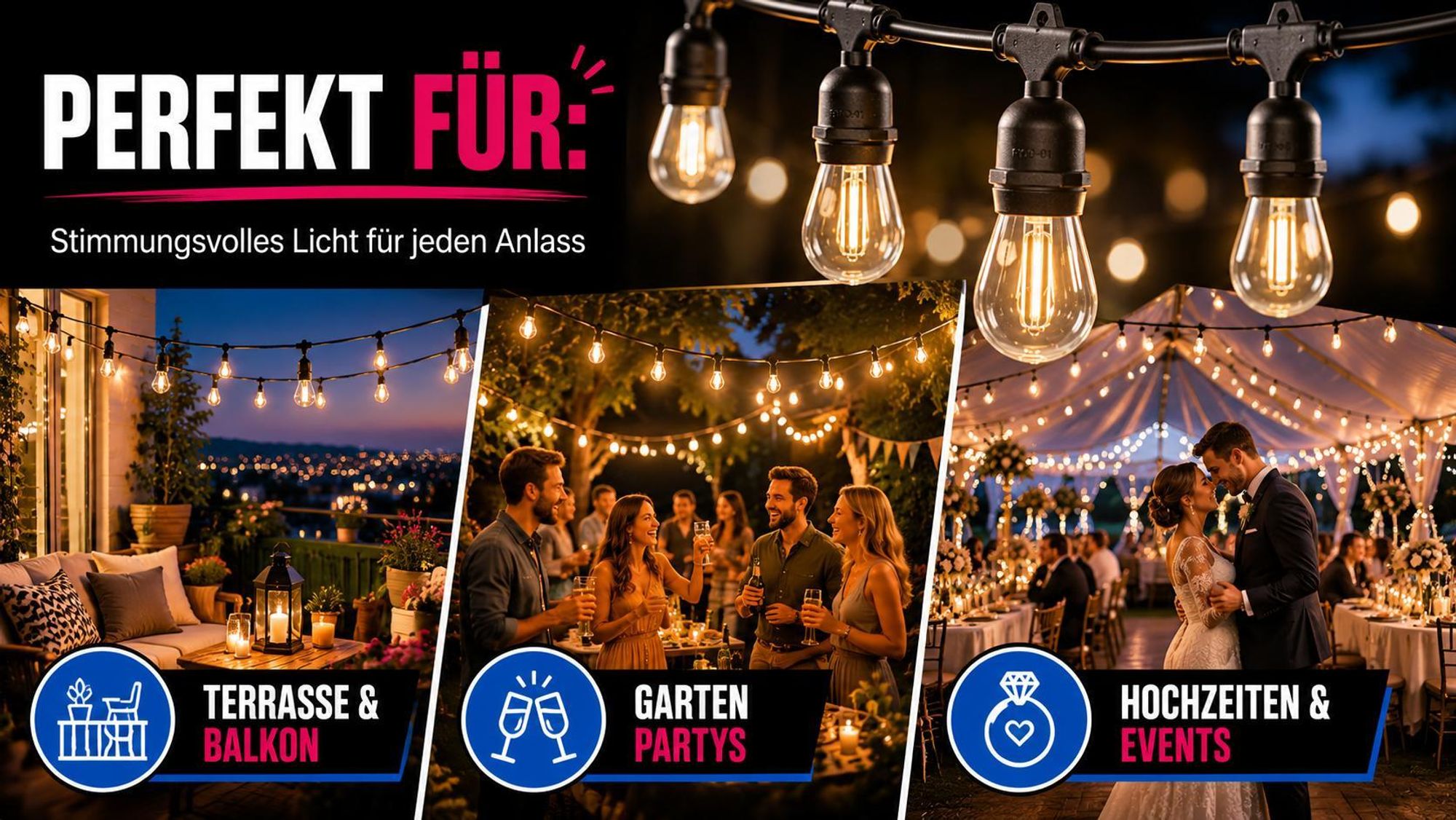 XUDO Outdoor Lichterketten 10m – 2700K Warmweiß – 10 Glühbirnen E27 – Hängelampen – Außenbeleuchtung für Terrasse – Garten – Balkon – Party
