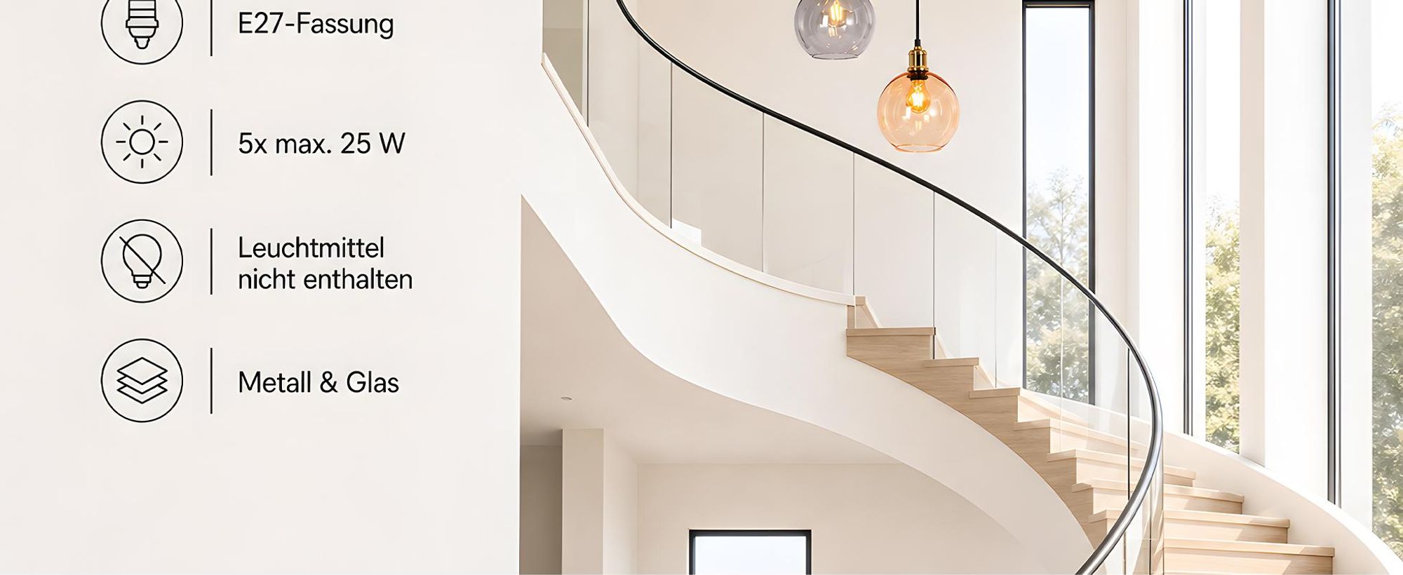 ZMH Hanglamp 5 lichts glas 160cm hoogte verstelbare pendellamp voor trappenhuis villa woonkamer eetkamer slaapkamer gang hoge plafonds