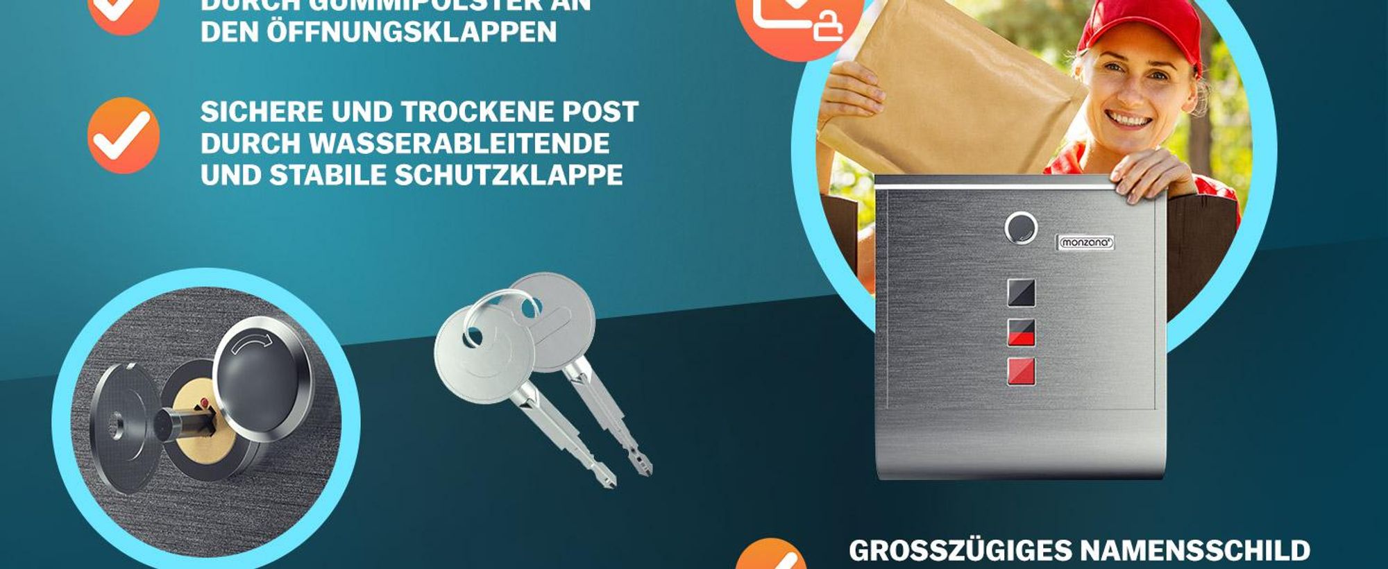 MONZANA® Briefkasten Kreuzschloss mit Kupfer-Schließzylinder drehbare Abdeckung 31x10x34 cm Sichtfenster Namensschild Zeitungsfach einfache Montage Edelstahl 2 Schlüssel Postkasten Silber