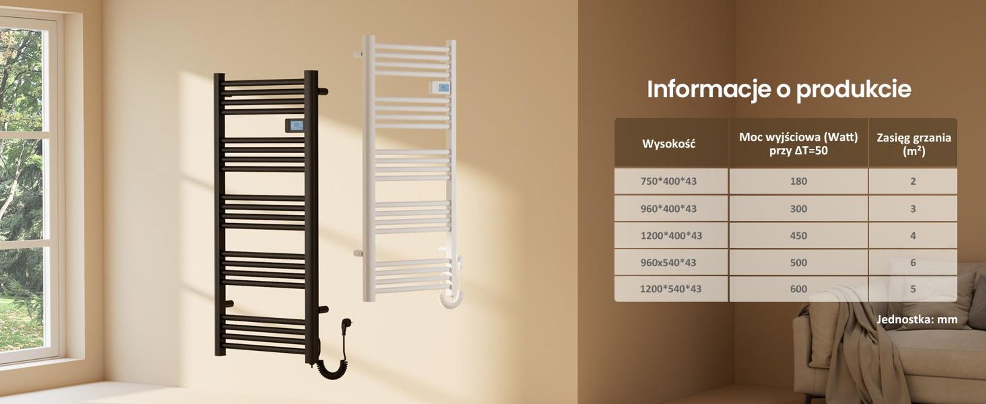 EMKE Grzejnik łazienkowy elektryczny 1200x400 mm, 450W biały, timer dotykowy i programator tygodniowy, suszarka do ręczników