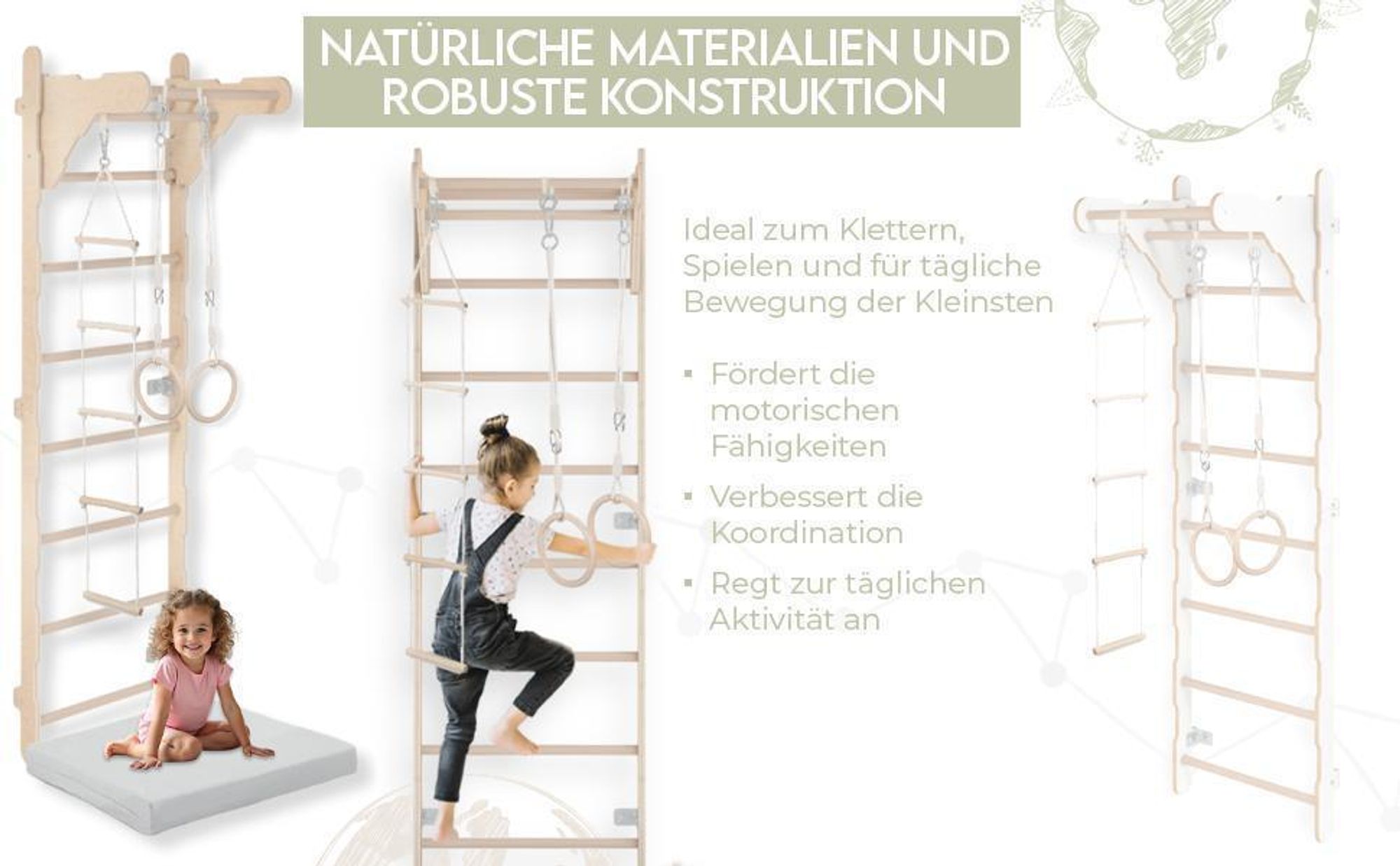 Gymnastik-Sprossenwand für Kinder (210 cm) | Wandmontierte Holzleiter | Kletterleiter für Kinder | Turnringe | Schutzmatte | Kletterseil | 100% ECO