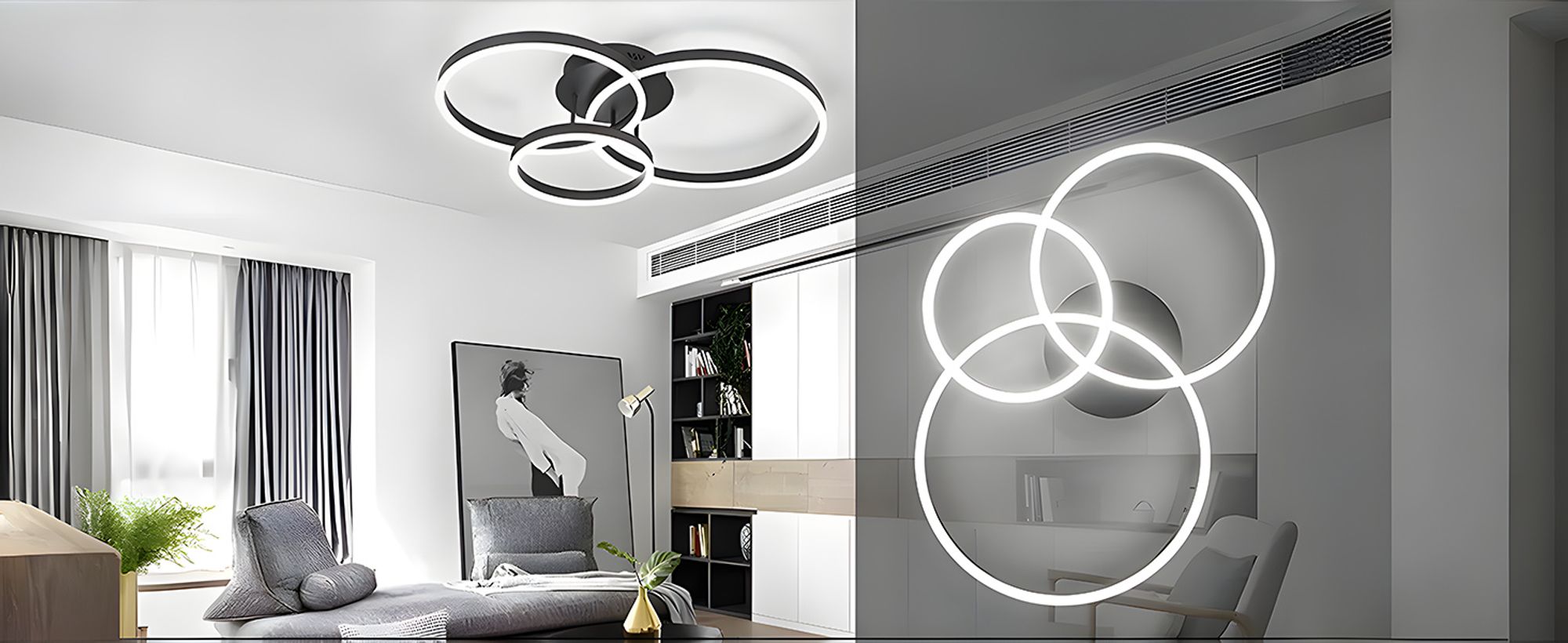 ZMH LED Deckenleuchte 58CM Dimmbar mit Fernbedienung Deckenlampe 3 Ring Wohnzimmerlampe Deckenleuchten 74W für Schlafzimmer Küchen Wohnzimmer Schwarz