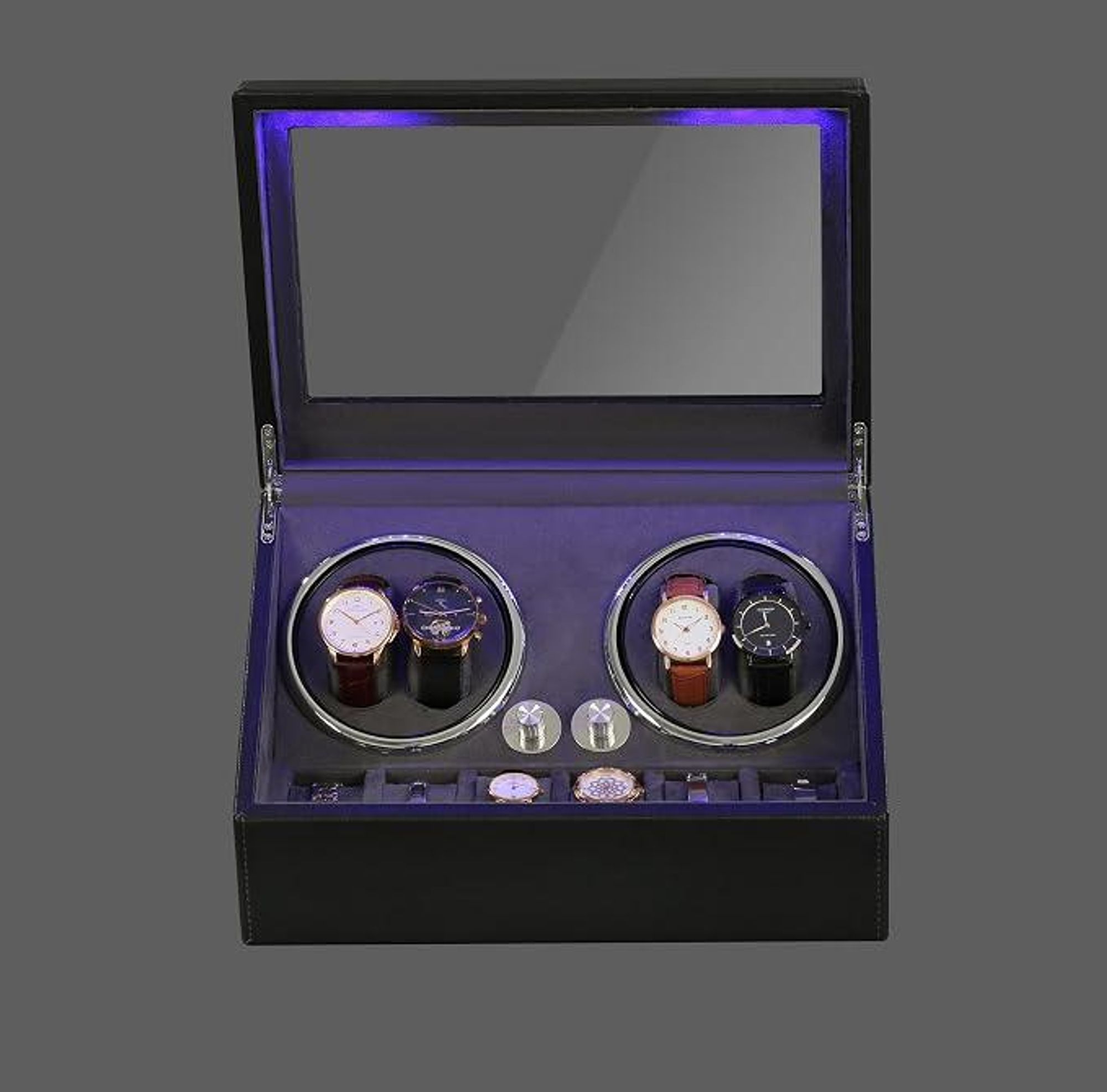Olvy horlogewinder voor 4 horloges, met LED-verlichting, horlogewindervak, voorzien van een extreem stille Mabuchi motor, flexibele horlogekussens, horlogewinder