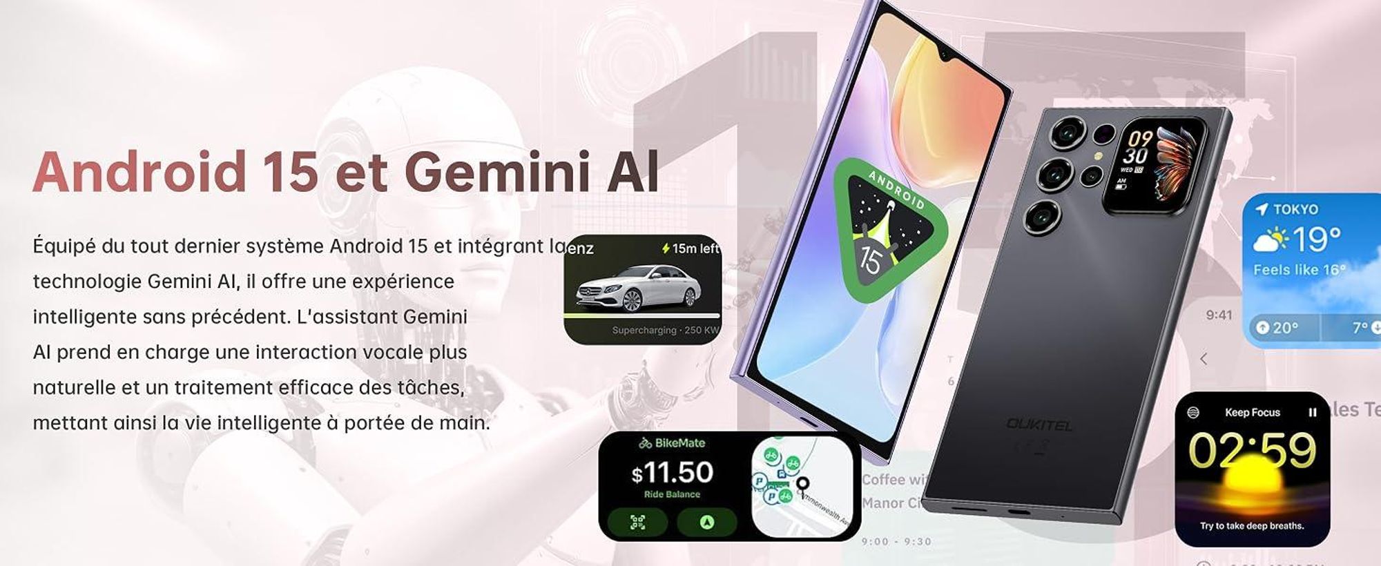 OUKITEL C62 Smartphone Android 15, Téléphone Portable 16 Go RAM (4+12) + 128 Go, Écrans 6,88" et 1,81", Batterie 5150 mAh, GPS/OTG, Noir