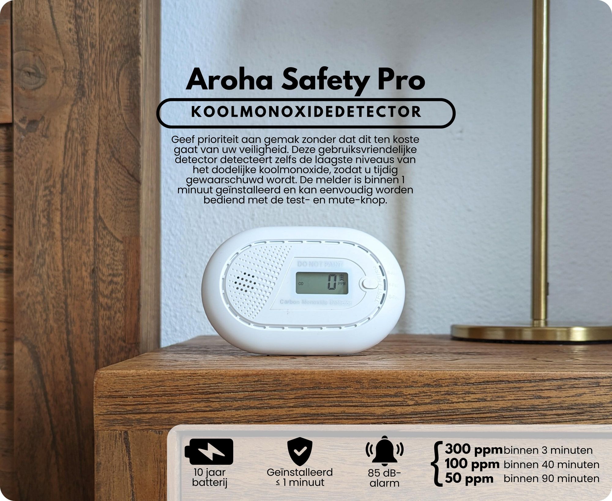 Aroha Safety Pro koolmonoxidmelder - 10 jaar batterijduur - CO-melder voor campers, CO-waarschuwing, koolmonoxidemeter - 1 set