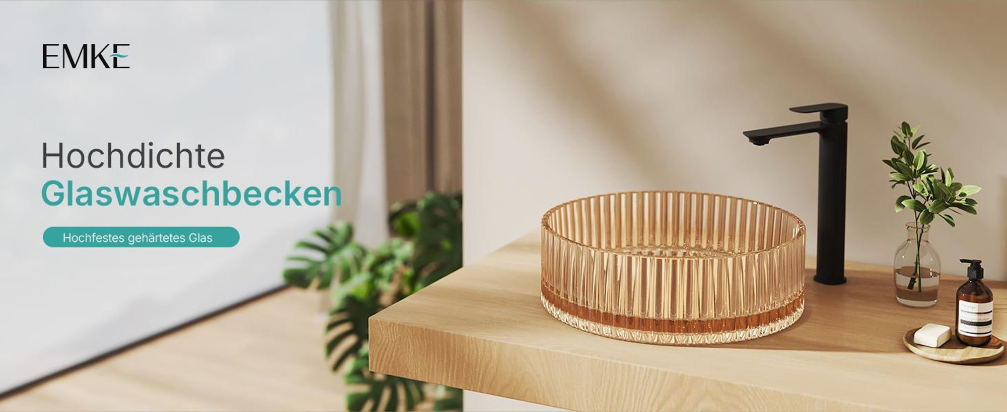 EMKE Aufsatzwaschbecken Rund 400x400x120mm aus gehärtetem Kristallglas Roségold Elektroplattiert ohne Hahnloch & Überlauf, Modernes Design