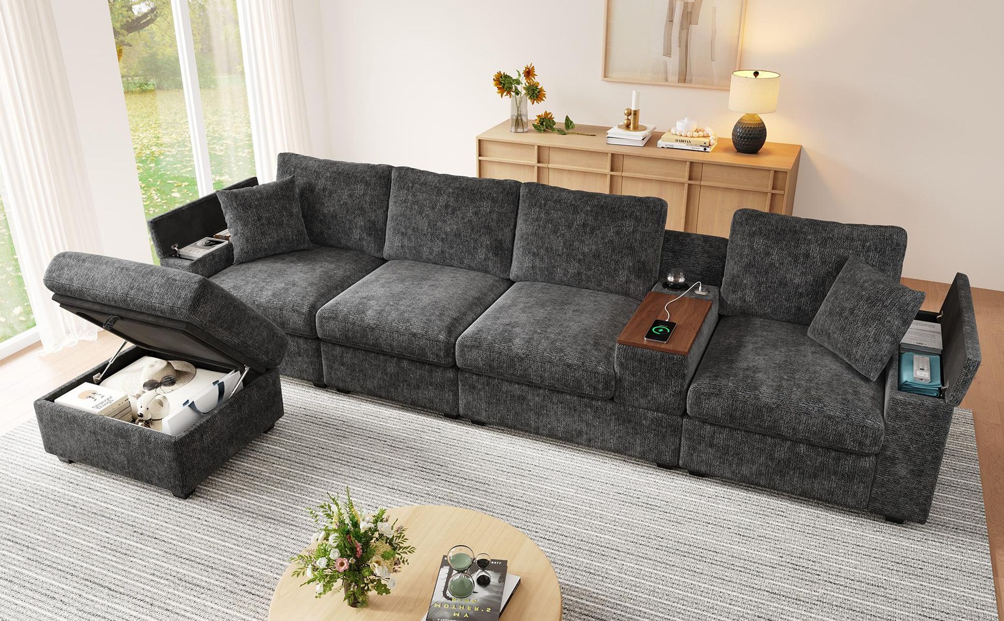 Merax Modulares L-Form Sofa, 5-Sitzer Ecksofa Mit Stauraum, USB & Type-C Anschlüssen, Drehbarem Couchtisch, Chenille Couch, Soffa, Grau